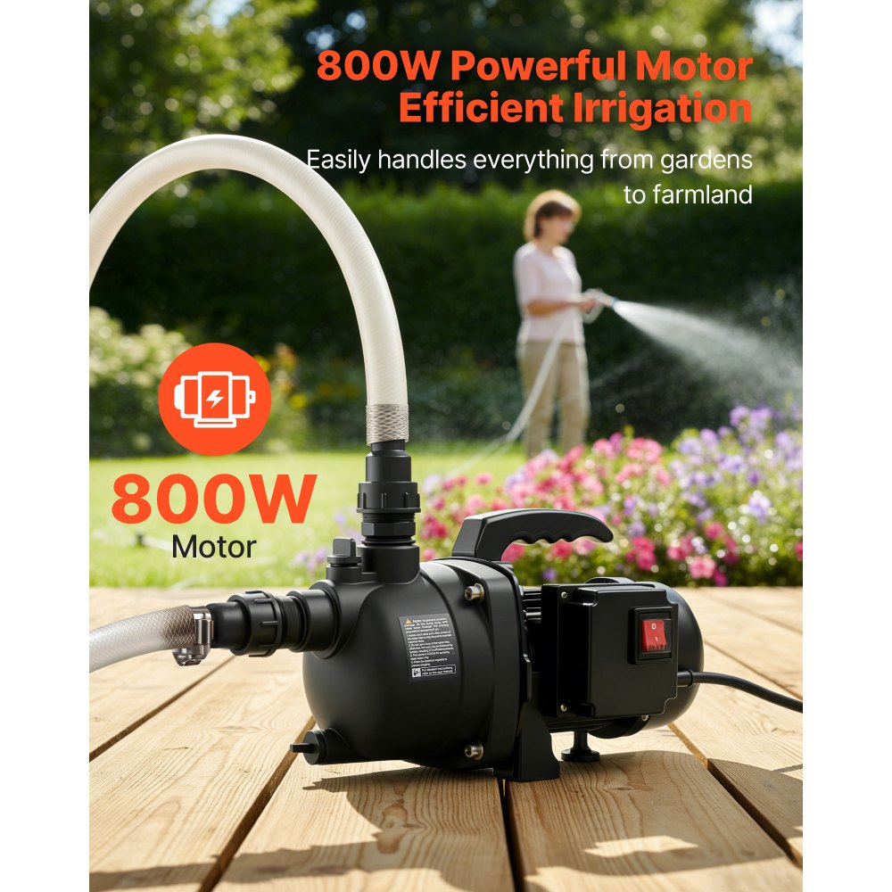 VEVOR Bomba de Chorro de PP para Pozos Poco Profundos 800 W 230 V, Caudal Máximo de 3700 L/h, Altura de Succión de 8 m, Protección Térmica, Voltaje Estándar Europeo, para Riego de Jardines, Césped