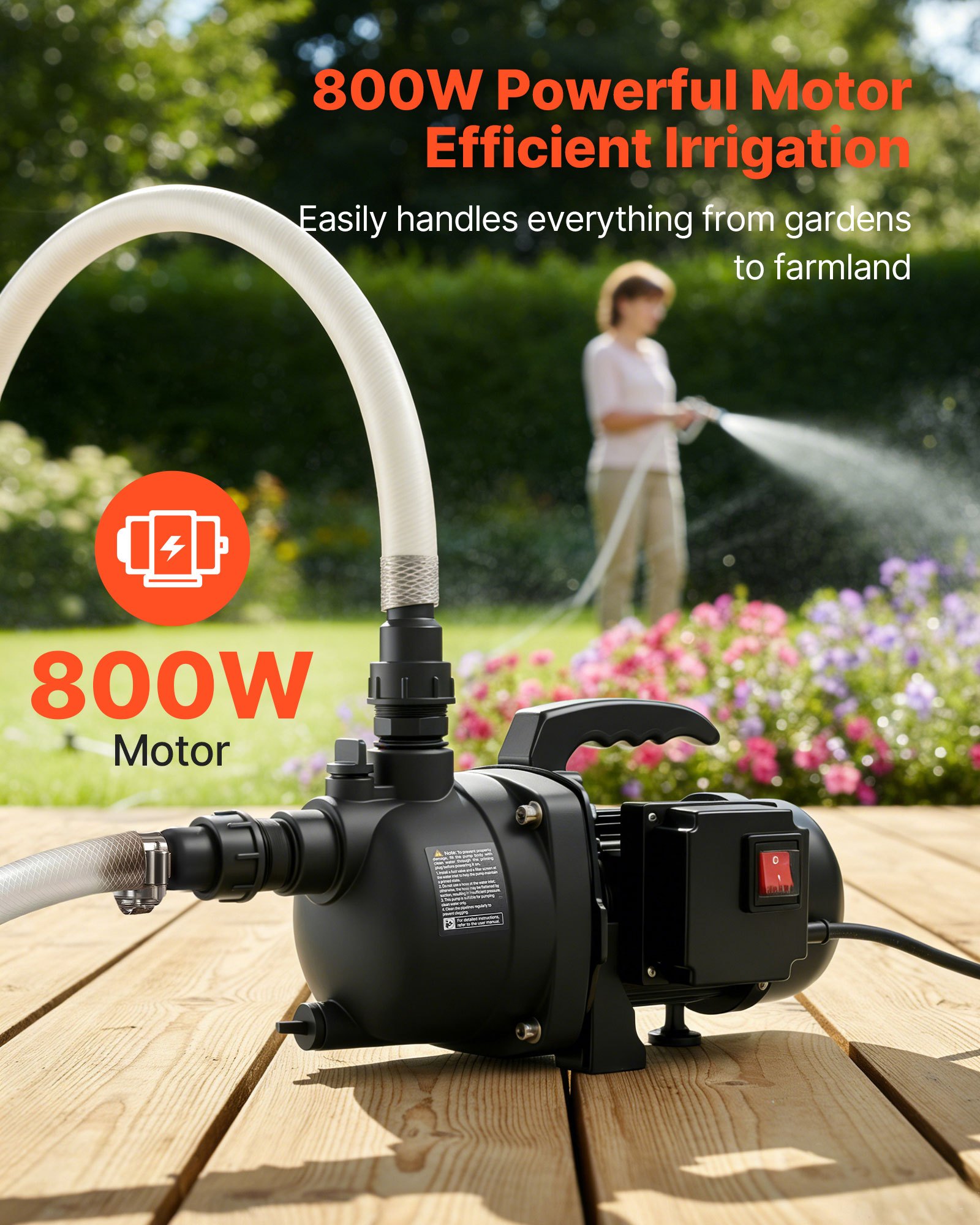 VEVOR Bomba de Chorro de PP para Pozos Poco Profundos 800 W 230 V, Caudal Máximo de 3700 L/h, Altura de Succión de 8 m, Protección Térmica, Voltaje Estándar Europeo, para Riego de Jardines, Césped