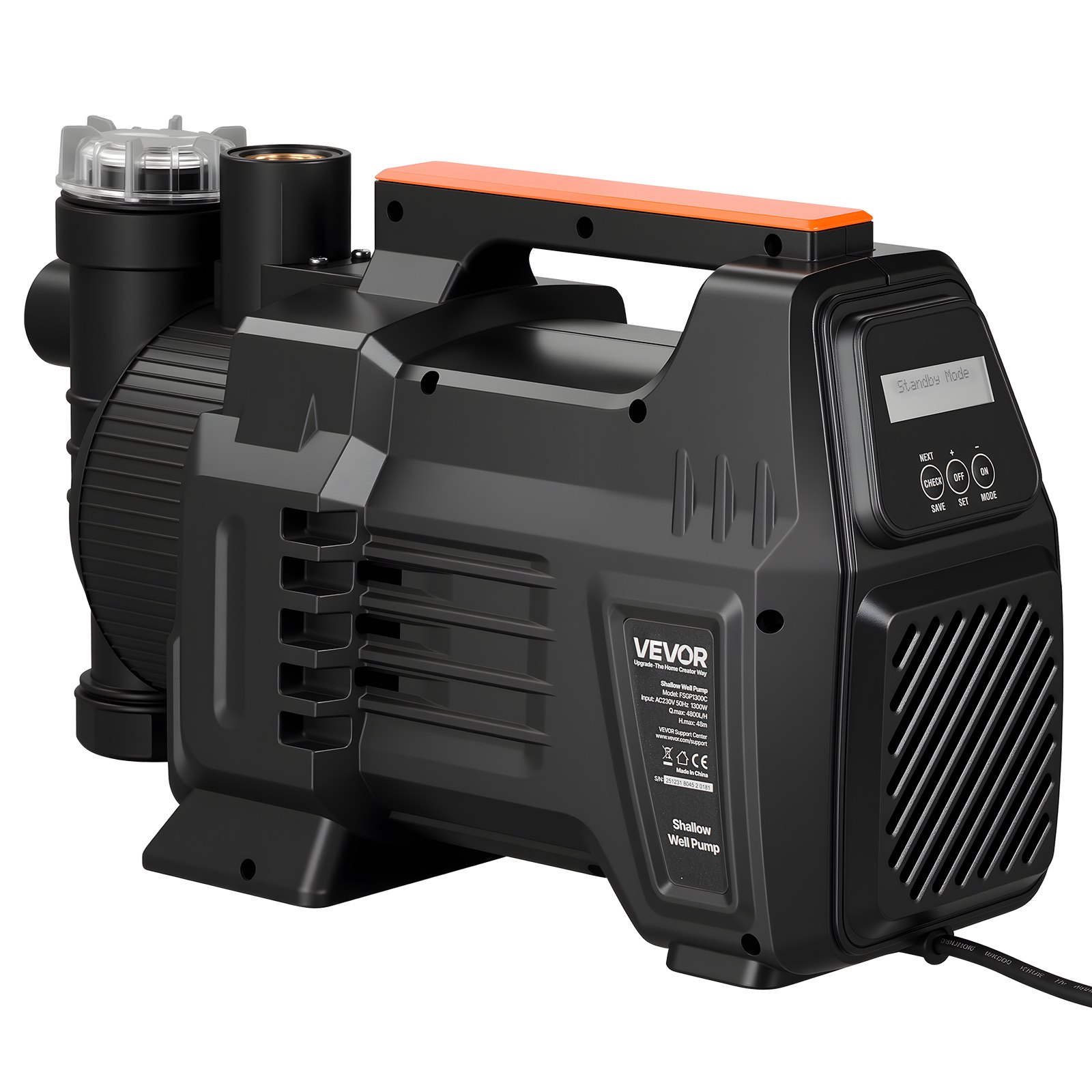 VEVOR Bomba de Chorro Electrónica de PP para Pozos Poco Profundos 1300 W 230 V, Caudal Máximo de 4800 L/h, Altura de Succión de 8 m, Control Electrónico Inteligente, para Riego de Jardines, Césped