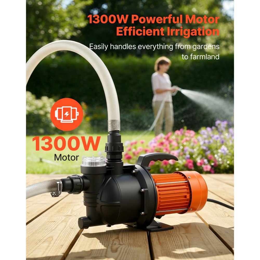 VEVOR Bomba de Chorro de PP para Pozos Poco Profundos 1300 W 230 V, Caudal Máximo de 4800 L/h, Altura de Succión de 8 m, Protección Térmica, Voltaje Estándar Europeo, para Riego de Jardines, Césped