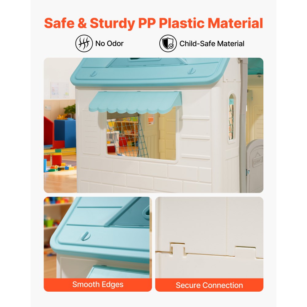 VEVOR Casa de Juegos para Exteriores 5 en 1, Juego de Rol, Baloncesto, Dardos, Fútbol y Lanzamiento de Aros, Ideal para Niños a Partir de 2 Años, Plástico PP, Estilo Cabaña, 940 x 1190 x 1255 mm