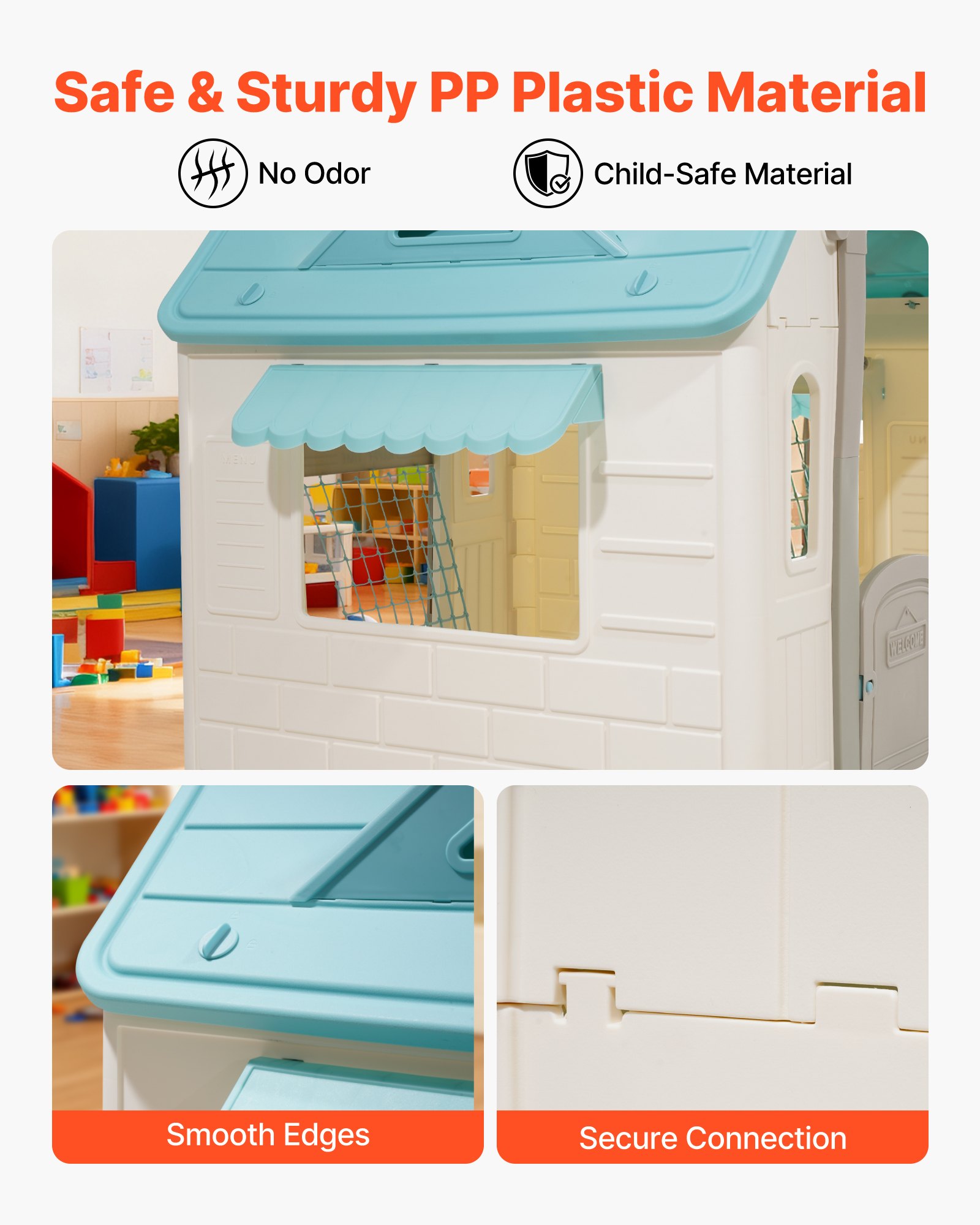 VEVOR Casa de Juegos para Exteriores 5 en 1, Juego de Rol, Baloncesto, Dardos, Fútbol y Lanzamiento de Aros, Ideal para Niños a Partir de 2 Años, Plástico PP, Estilo Cabaña, 940 x 1190 x 1255 mm