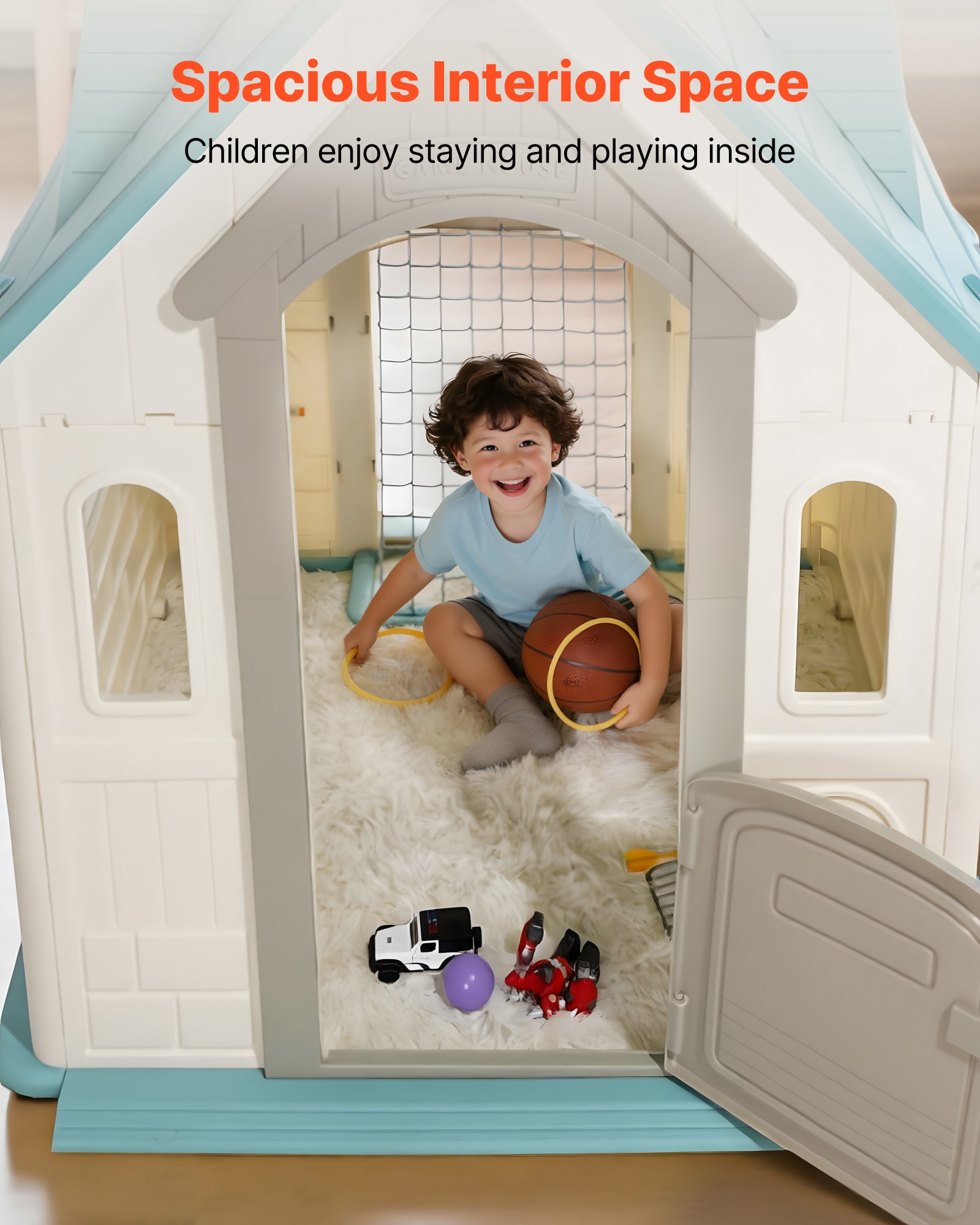 VEVOR Casa de Juegos para Exteriores 5 en 1, Juego de Rol, Baloncesto, Dardos, Fútbol y Lanzamiento de Aros, Ideal para Niños a Partir de 2 Años, Plástico PP, Estilo Cabaña, 940 x 1190 x 1255 mm