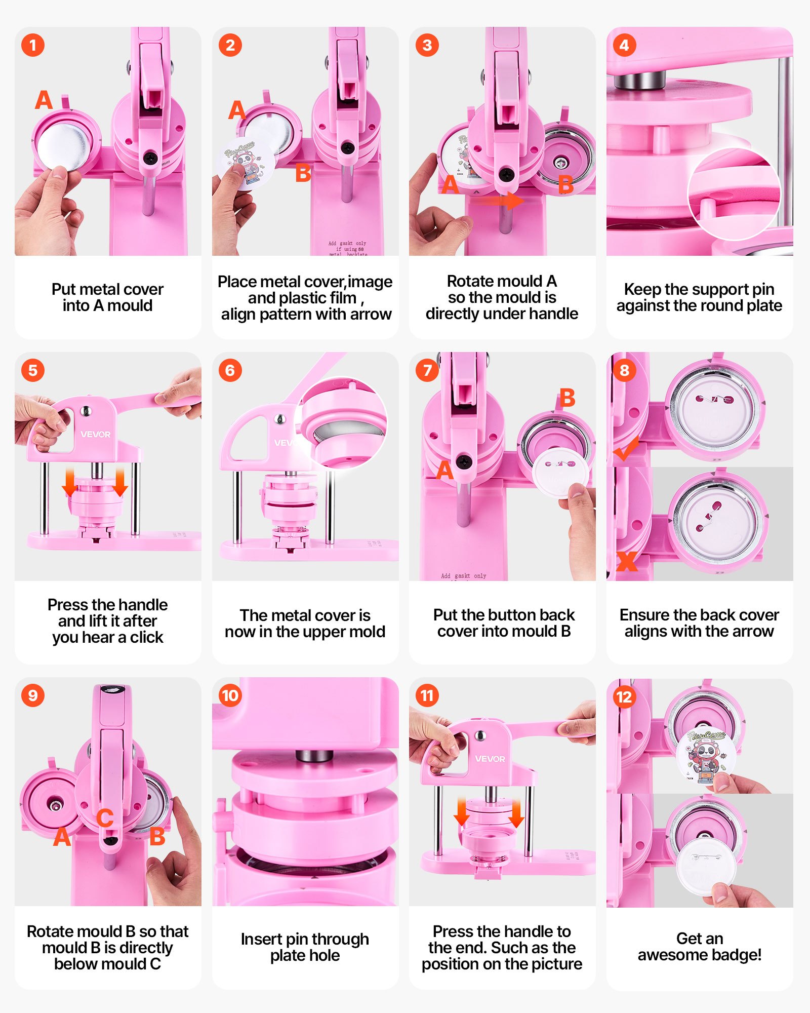 VEVOR Máquina para Hacer Insignias de 25/32/58 mm Prensa para Insignias con 300 Kits de Consumibles y Libro Magic Panda Máquina para Hacer Insignias de Alta Resistencia para Hacer Insignias, Rosa