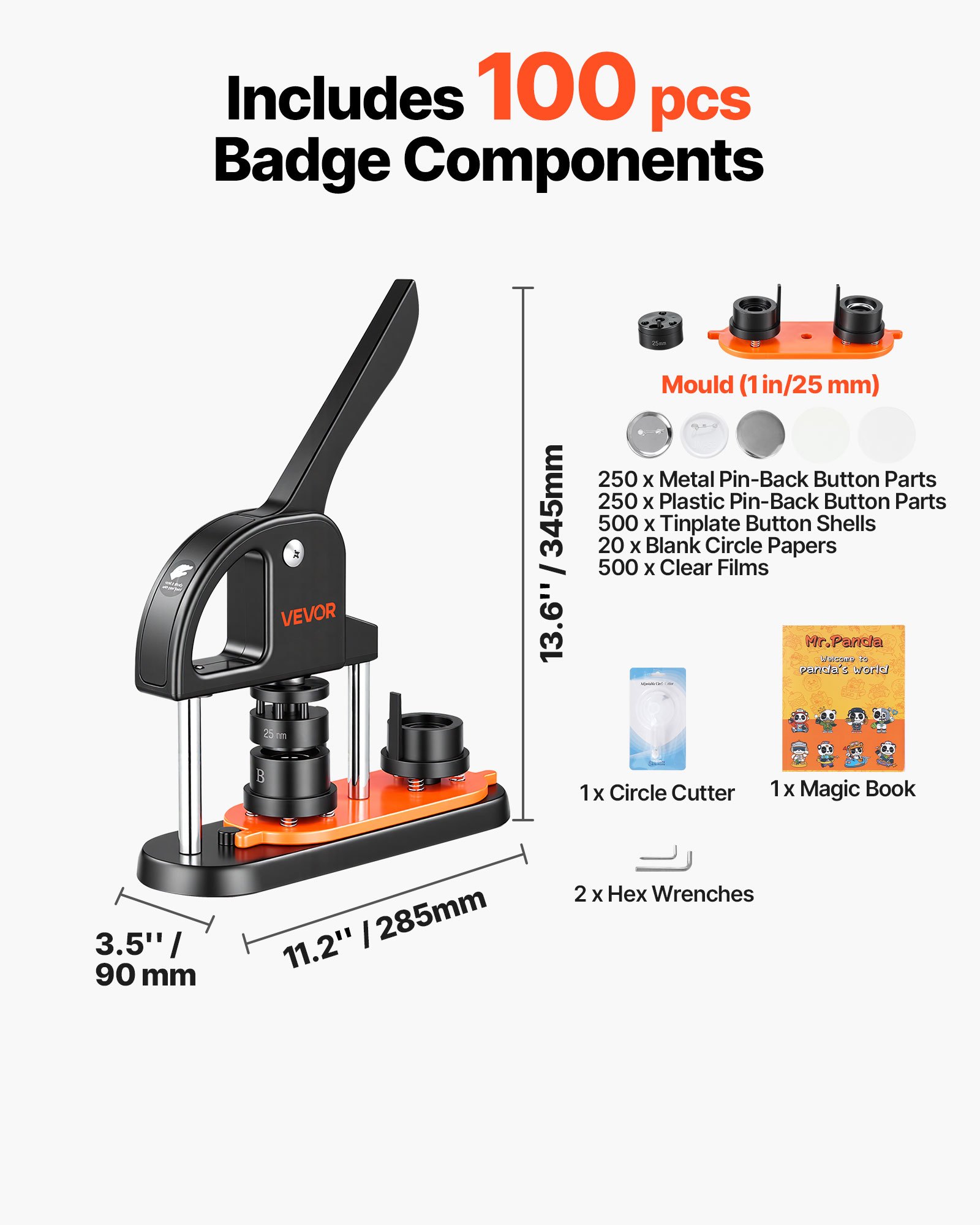 VEVOR Máquina para Hacer Botones de 25 mm Prensa para Insignias con 500 Kits de Consumibles Libro Mágico y Cortador de Círculos Fabricante de Botones de Plástico Resistente para Hacer Insignias