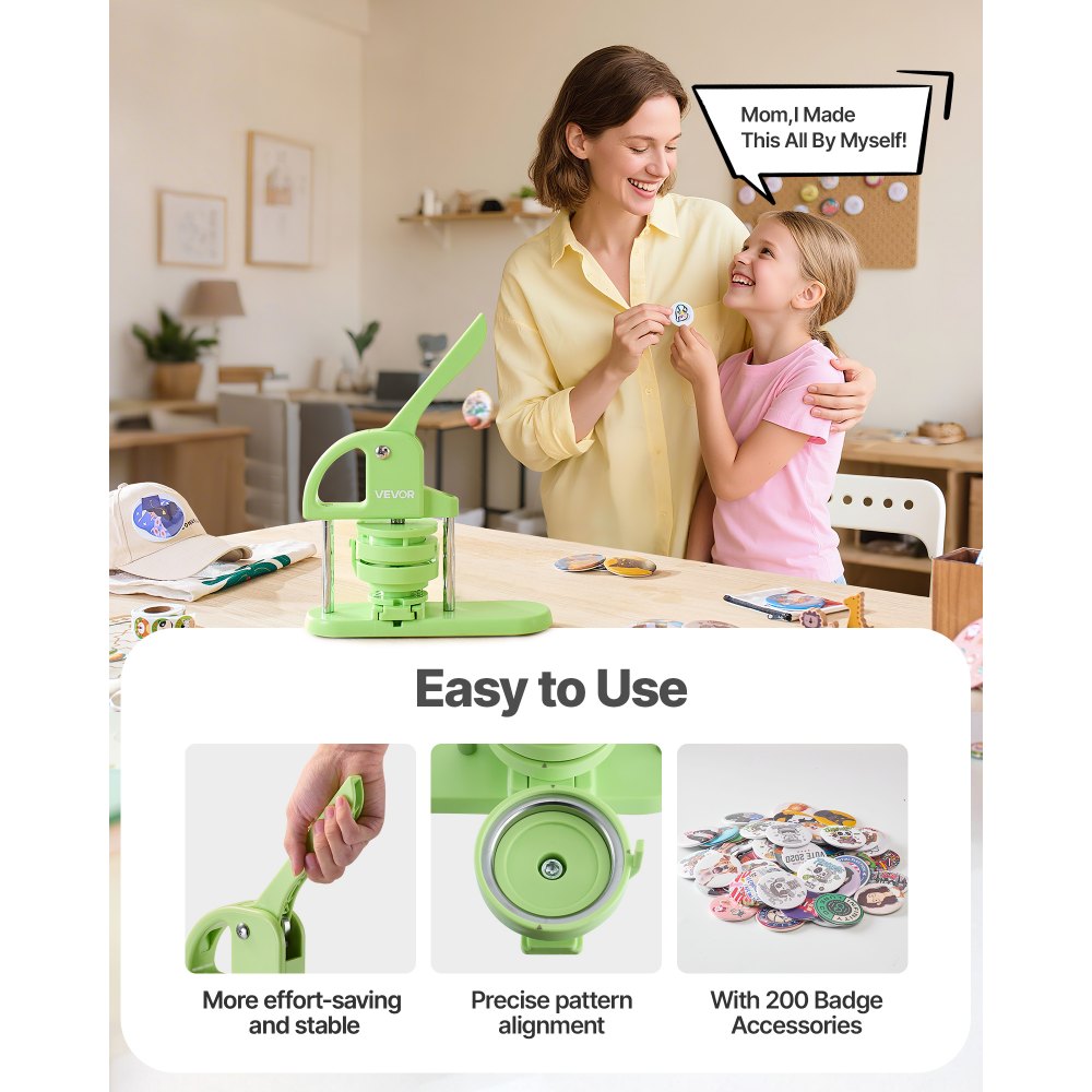 VEVOR Máquina para Hacer Insignias 32 mm y 58 mm, Máquina para Fabricar Chapas 200 Juegos de Botones, Mango Ergonómico Reforzado, para Crear Insignias, Pines Personalizados, Llaveros, Chapas, Verde