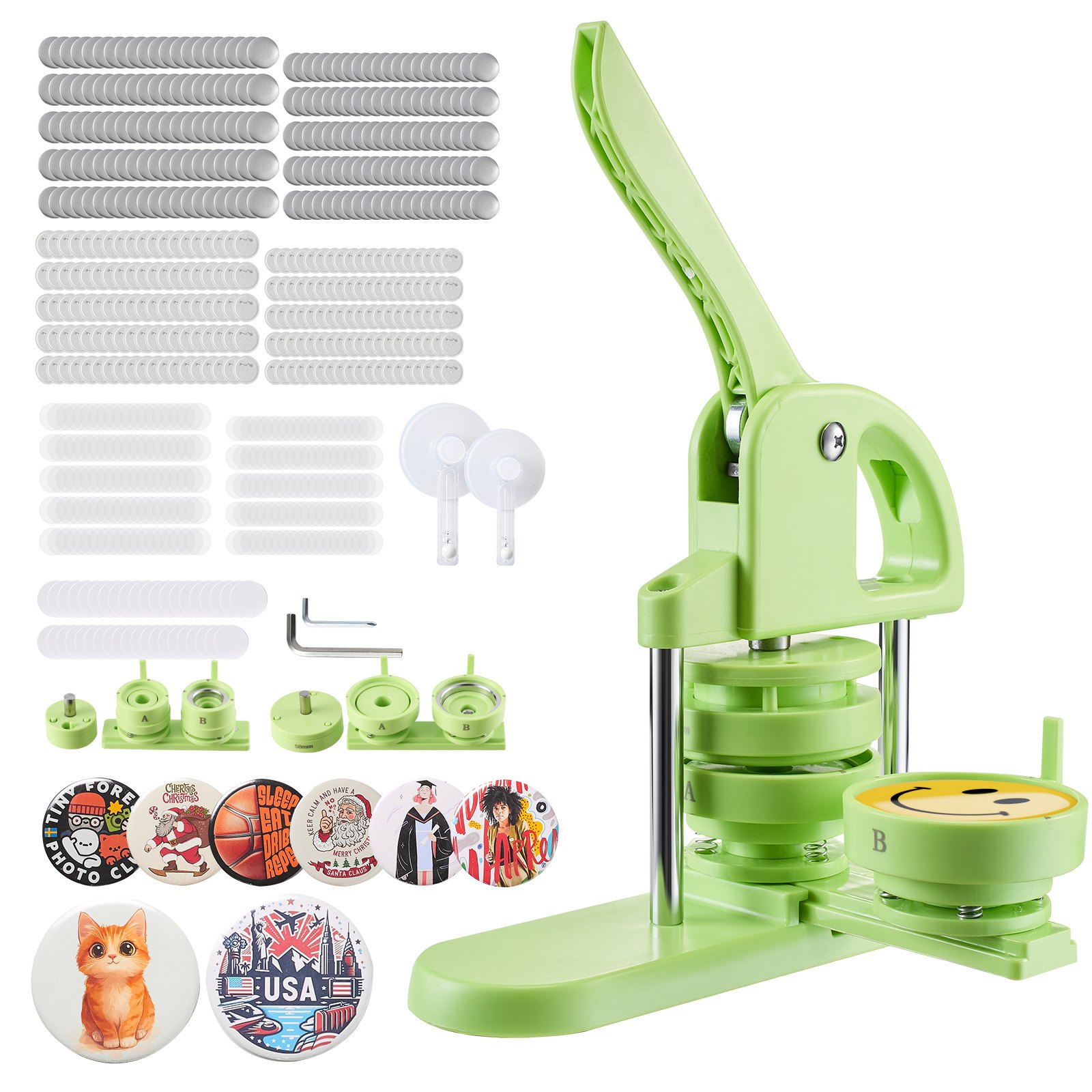 VEVOR Máquina para Hacer Insignias 32 mm y 58 mm, Máquina para Fabricar Chapas 200 Juegos de Botones, Mango Ergonómico Reforzado, para Crear Insignias, Pines Personalizados, Llaveros, Chapas, Verde