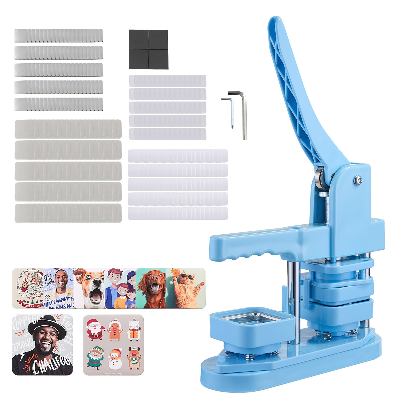 VEVOR Máquina para Hacer Insignias Cuadradas 50x50 mm Máquina para Fabricar Chapas 100 Kits de Botones con Carcasas Frontales de Hojalata, Tapas Traseras de Plástico, Películas Transparentes, Azul