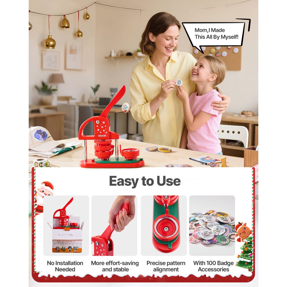 VEVOR Máquina para Hacer Insignias de 58 mm, Máquina para Fabricar Chapas 100 Juegos de Botones, Mango Ergonómico Reforzado, para Crear Insignias, Pines Personalizados, Llaveros, Chapas, Rojo