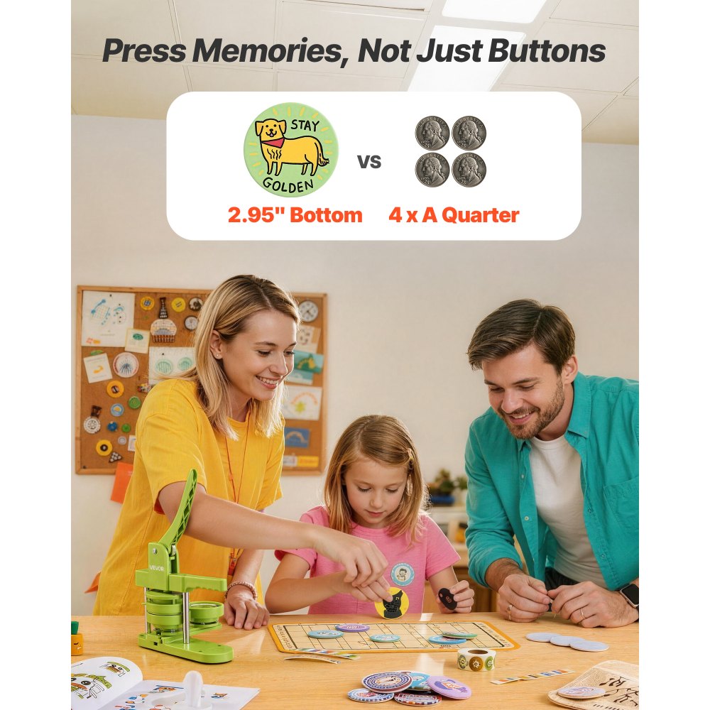 VEVOR Máquina para Hacer Chapas, 75 mm, Máquina para Hacer Insignias, con Accesorios de 100 Botones Cortador Circular Llave Hexagonal, Mango Ergonómico, para Regalos Pines Personalizados Bricolaje