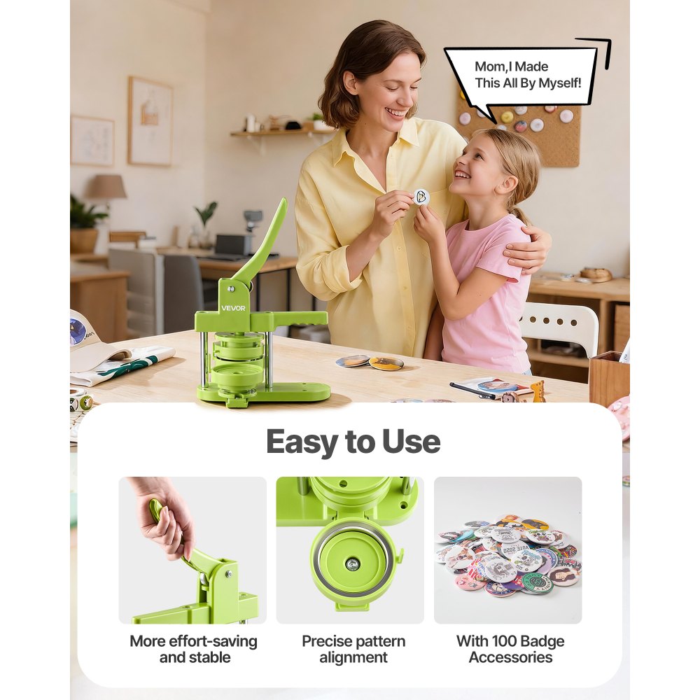 VEVOR Máquina para Hacer Chapas, 75 mm, Máquina para Hacer Insignias, con Accesorios de 100 Botones Cortador Circular Llave Hexagonal, Mango Ergonómico, para Regalos Pines Personalizados Bricolaje