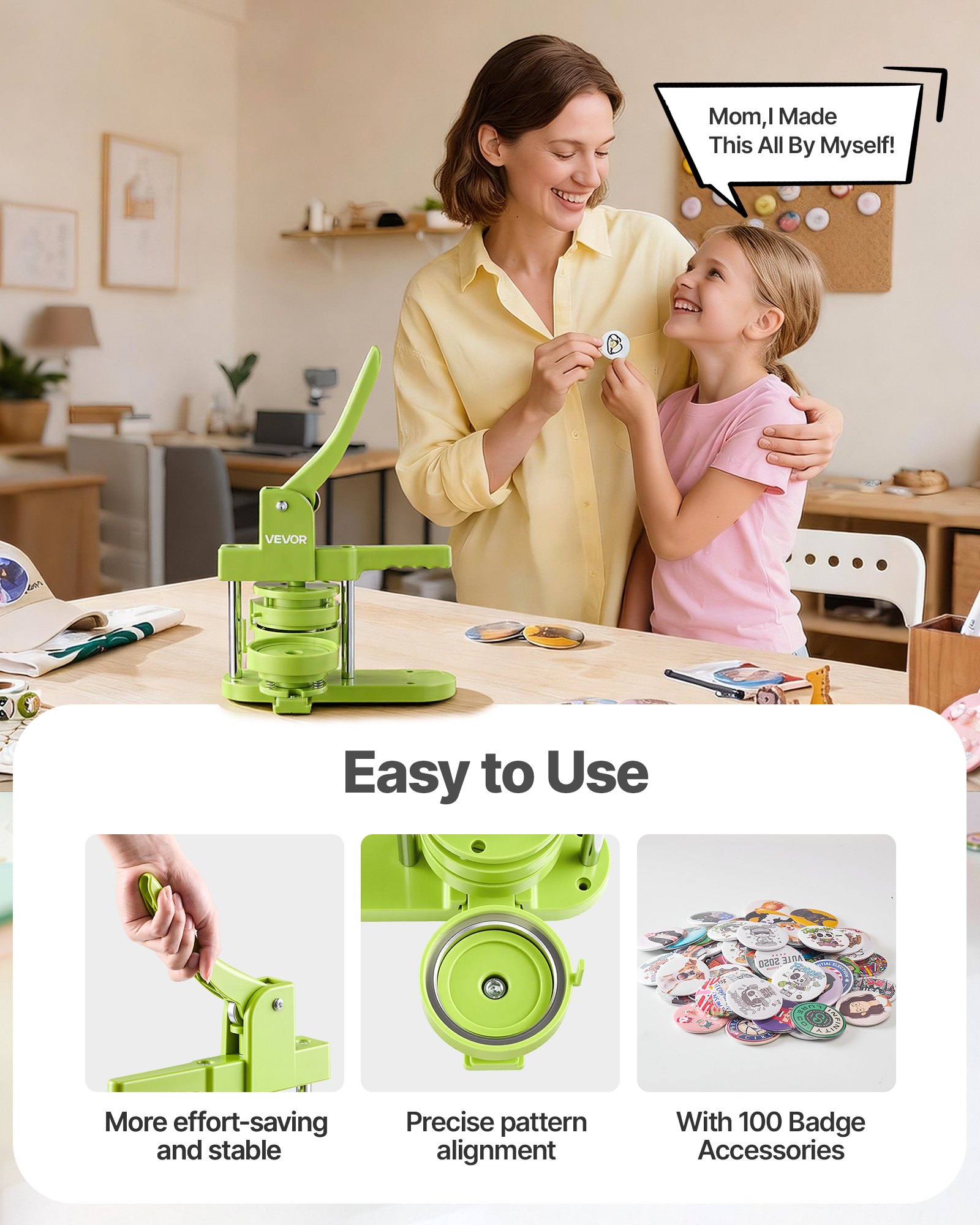 VEVOR Máquina para Hacer Chapas, 75 mm, Máquina para Hacer Insignias, con Accesorios de 100 Botones Cortador Circular Llave Hexagonal, Mango Ergonómico, para Regalos Pines Personalizados Bricolaje