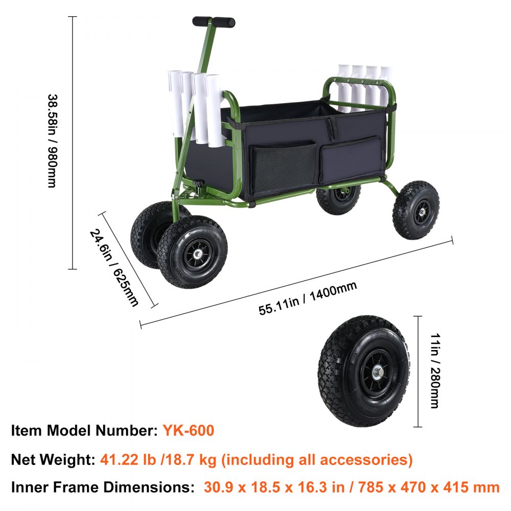 VEVOR Carro de Pesca de Playa Capacidad de Carga de 136,07kg Carro con 8 Soportes para Cañas de Pescar 4 Ruedas de Goma Inflables Carro de Arena de Acero Resistente de 280 mm para Pícnic al Aire Libre