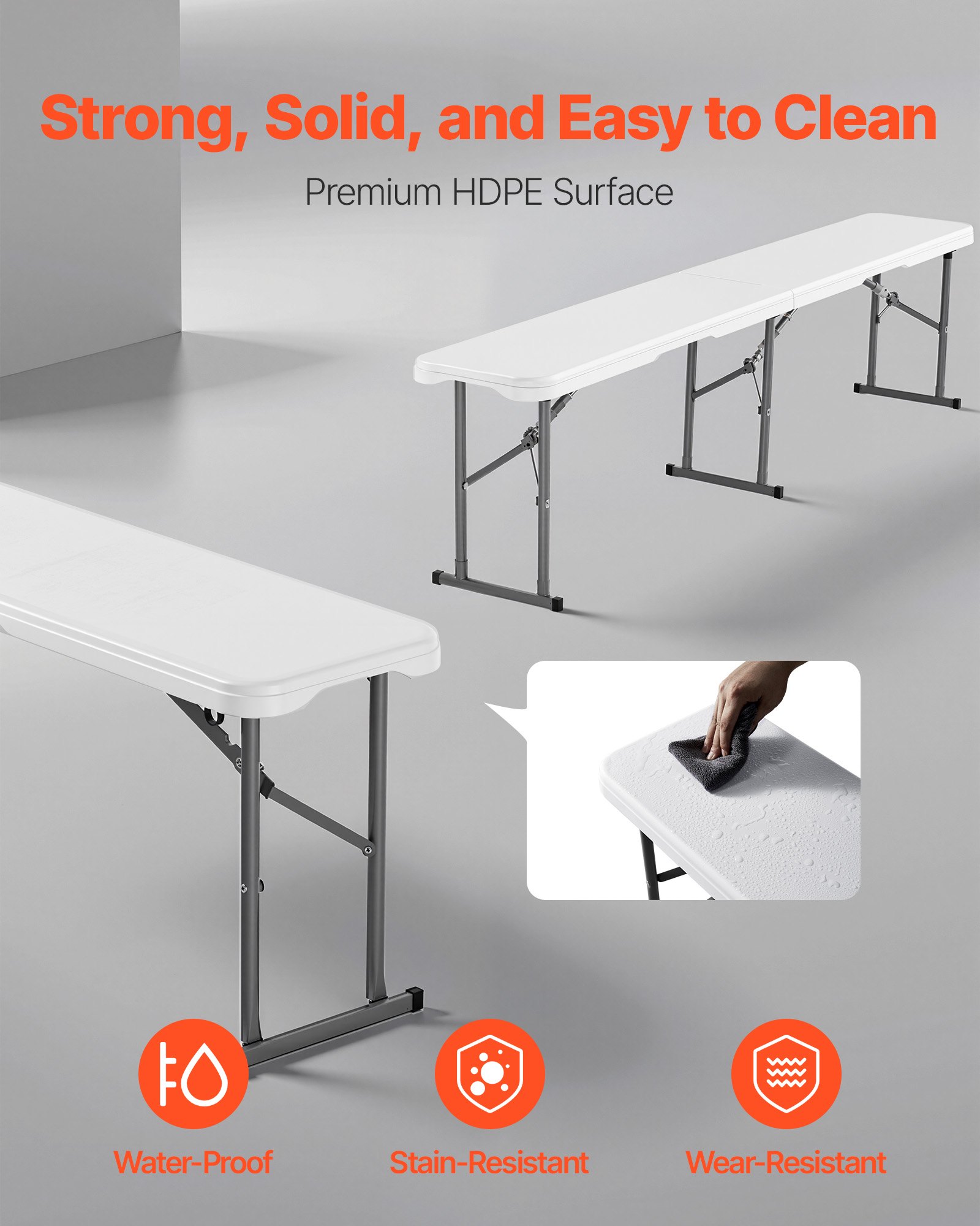 Banco plegable de plástico VEVOR, banco portátil de 183 mm, banco de exterior impermeable de HDPE, asiento de comedor para picnic y camping con asa de transporte, para actividades de jardín, banco plegable de plástico blanco