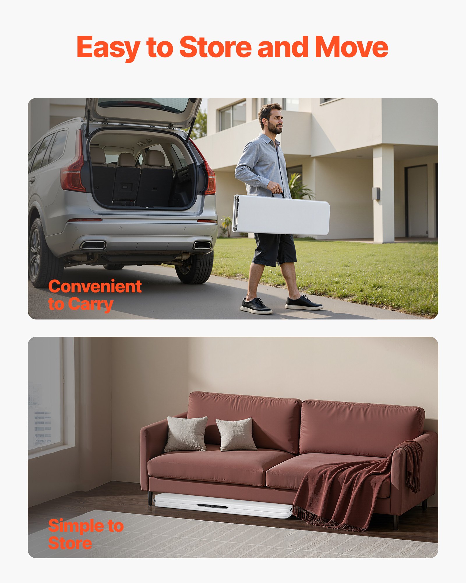 Banco plegable de plástico VEVOR, banco portátil de 183 mm, banco de exterior impermeable de HDPE, asiento de comedor para picnic y camping con asa de transporte, para actividades de jardín, banco plegable de plástico blanco