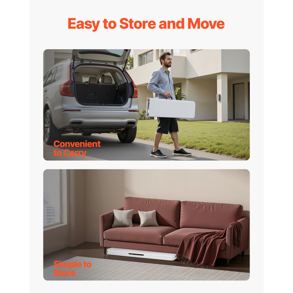 Banco plegable de plástico VEVOR, banco plegable portátil de 6 pies, banco exterior impermeable de HDPE suave, asiento para pícnic, camping, comedor con asa de transporte, para actividades de entretenimiento en el jardín, fútbol, blanco (paquete de 2)