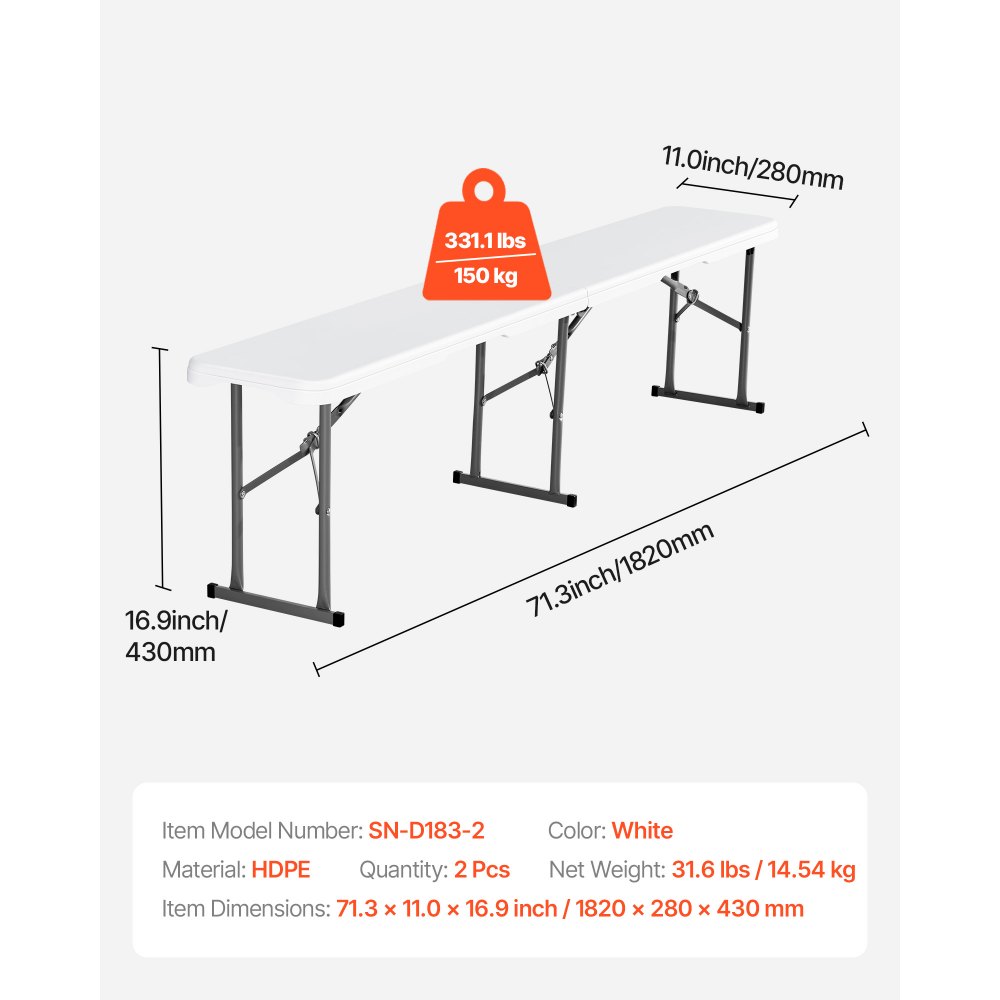 Banco plegable de plástico VEVOR, banco plegable portátil de 6 pies, banco exterior impermeable de HDPE suave, asiento para pícnic, camping, comedor con asa de transporte, para actividades de entretenimiento en el jardín, fútbol, blanco (paquete de 2)