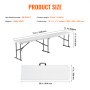 Especificaciones del banco de picnic plegable VEVOR: 72" x 11" x 17", 32 lb, HDPE blanco, plegable a 36" x 11" con asa.