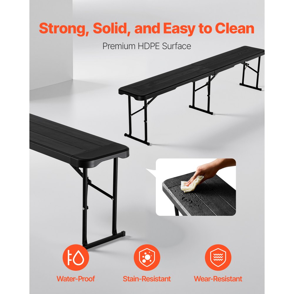 VEVOR Plastic Folding Bench, 6 ft Portable Bench for Outdoor Picnic Party Camping Dining, Foldable Smooth HDPE Seat for Garden Soccer Multipurpose Entertaining Activities, 2 Pack, 2 Carry Bags, Black