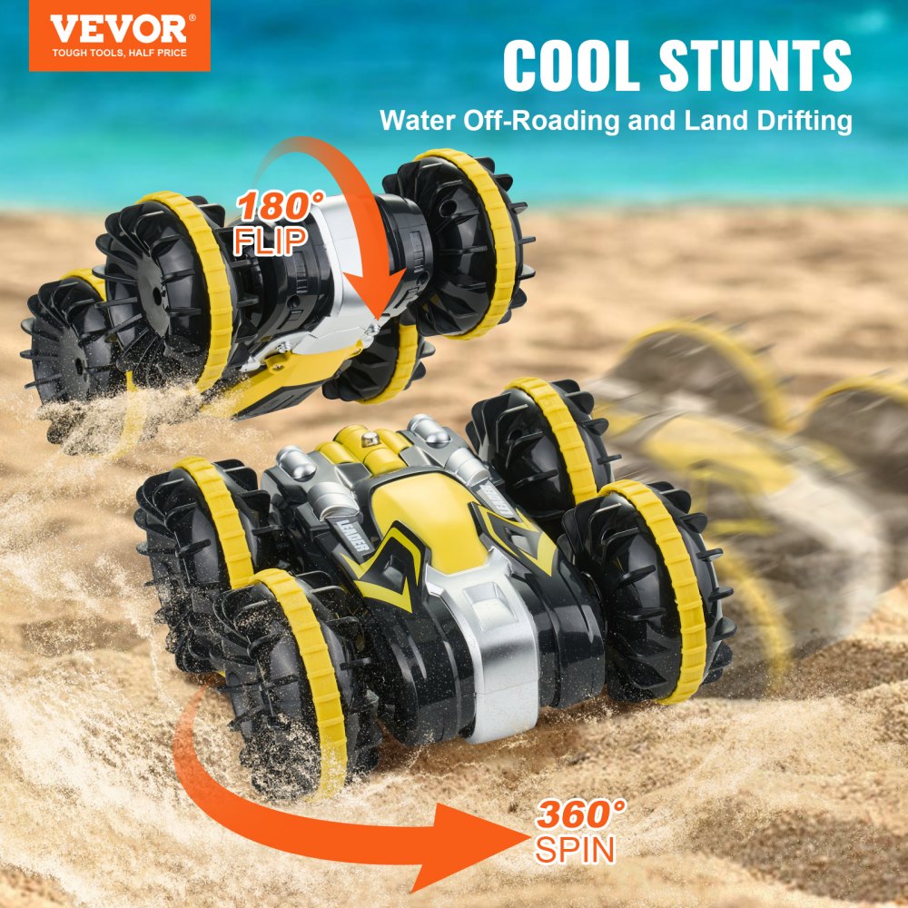 VEVOR Amphibious Remote Controlled Car Boat, 2.4 GHz, 12 km/h, 4WD Waterproof RC Car for Kids, 360° Rotating Stunt Car with 2 Batteries, All-Terrain Water Beach Pool Toy for Boys and Girls Ages 6 and Up, Yellow
