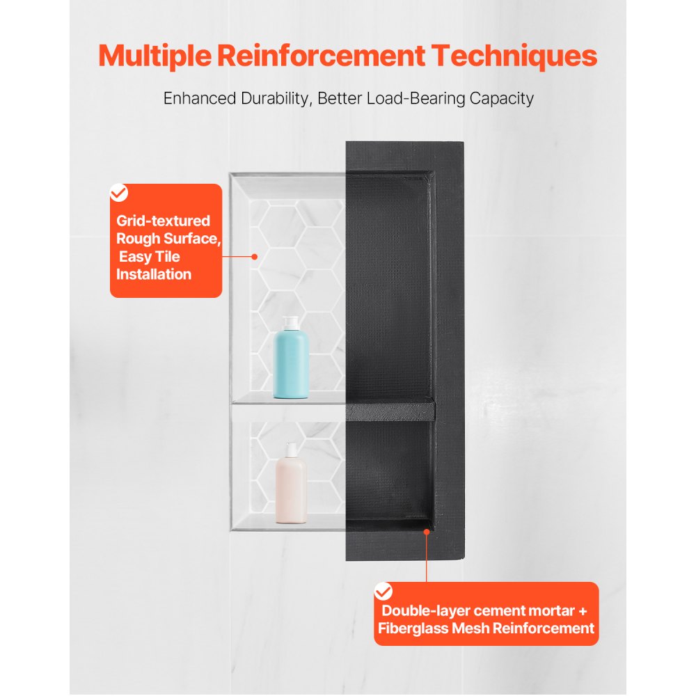 VEVOR Nicho de Ducha Empotrado 40,6 x 71,1 x 10,2 cm Estante Divisor de Pared para Baño Organizador para Jabón y Champú, Esquinas Cuadradas Diseño Impermeable y Sellado para Ducha de Baño, Negro