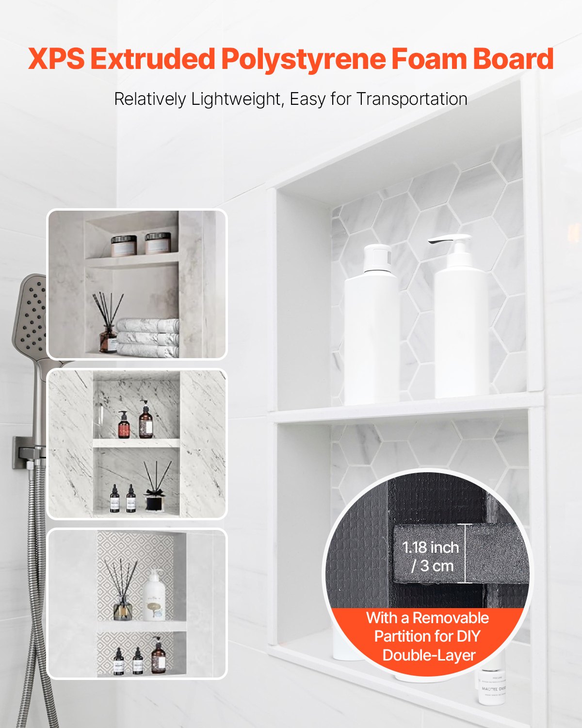 VEVOR Nicho de Ducha Empotrado 40,6 x 71,1 x 10,2 cm Estante Divisor de Pared para Baño Organizador para Jabón y Champú, Esquinas Cuadradas Diseño Impermeable y Sellado para Ducha de Baño, Negro