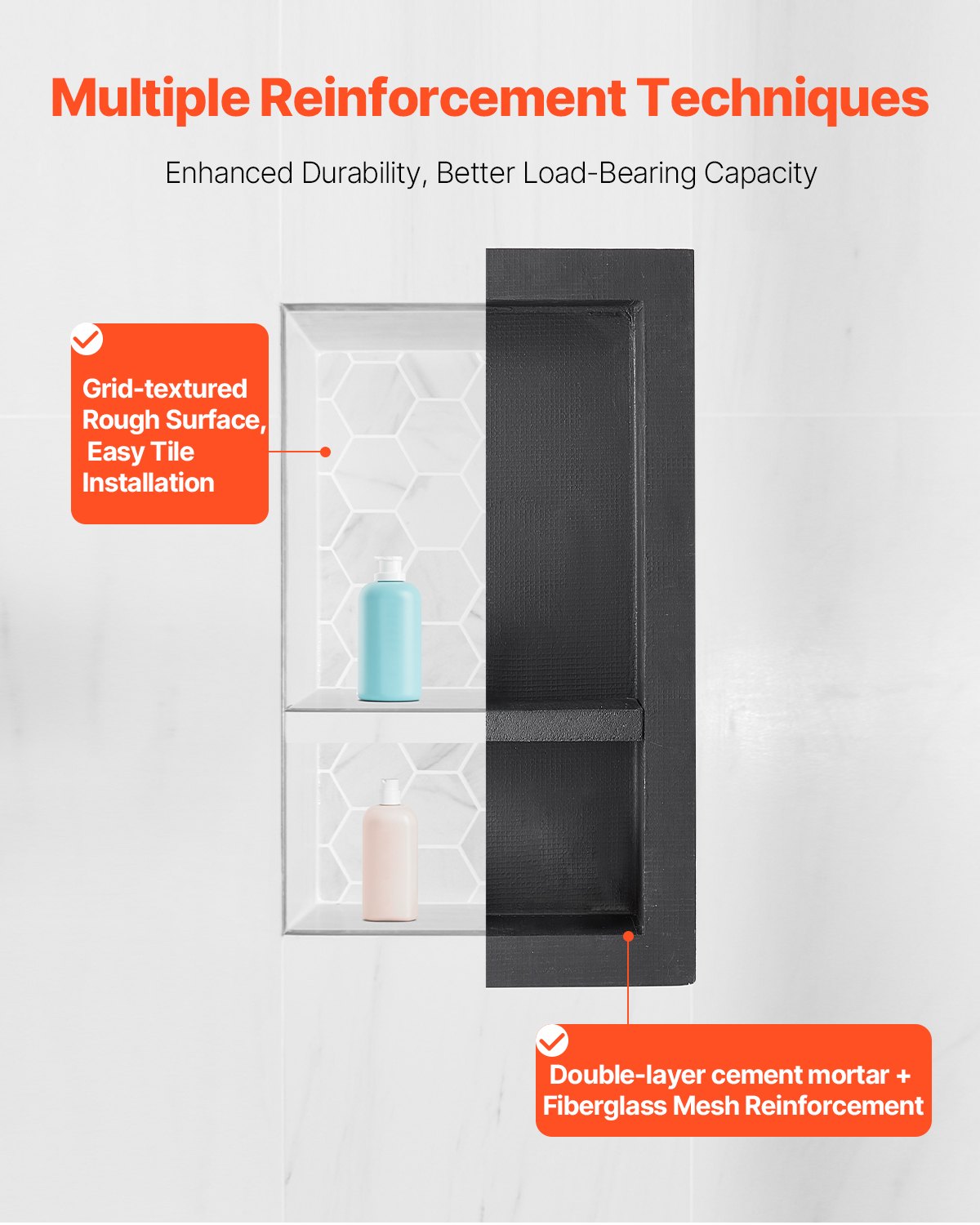 VEVOR Shower Niche, 10.16x40.64x71.12 cm, Wall Niche with Movable Divider Shelf, Soap & Shampoo Storage Organizer, Sealed Design, Black for Bathroom Shower