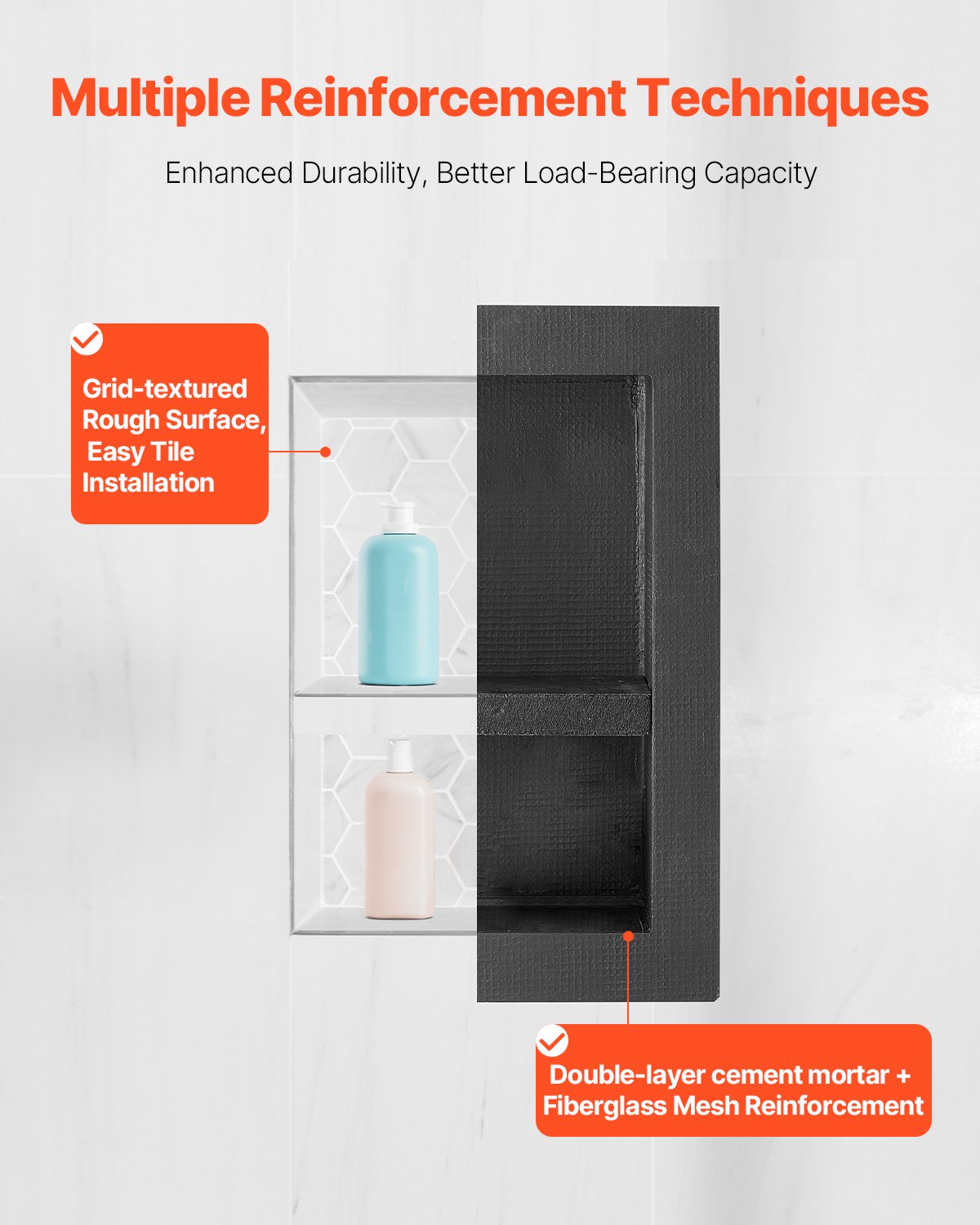 VEVOR Nicho de Ducha Empotrado 40,6 x 50,8 x 10,2 cm Estante Divisor de Pared para Baño Organizador para Jabón y Champú, Esquinas Cuadradas Diseño Impermeable y Sellado para Ducha de Baño, Negro