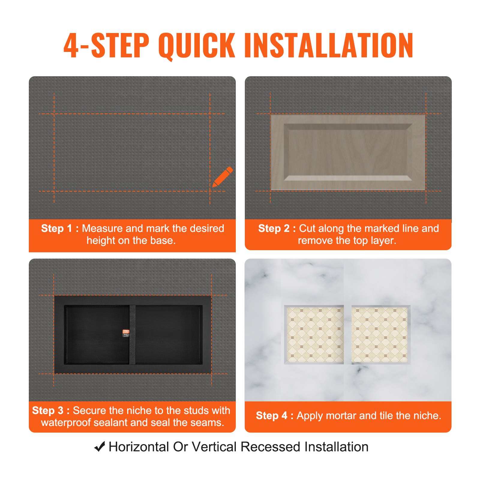 VEVOR Wall Niche 10x40.64x81.28cm Shower Niche Tileable Double Layer Waterproof Niche Installation Back Panel Material (XPS, Wood, Cement) Suitable for Bathroom Bedroom Study