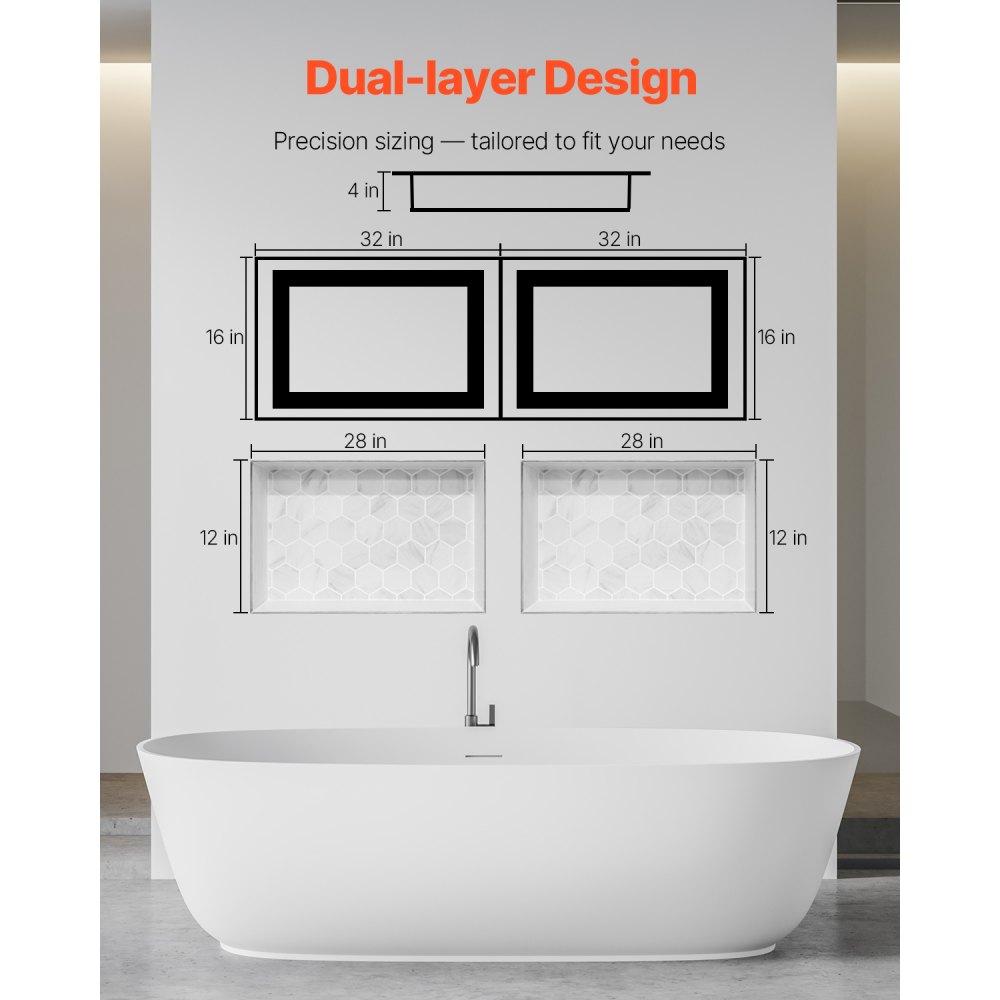 VEVOR Nicho de Ducha Empotrado 40,6 x 81,3 cm y 40,6 x 81,3 cm con Estante de Pared Grosor de 10,2 cm Organizador para Jabón y Champú, Esquinas Cuadradas, Sellado e Impermeable para Baño, Negro