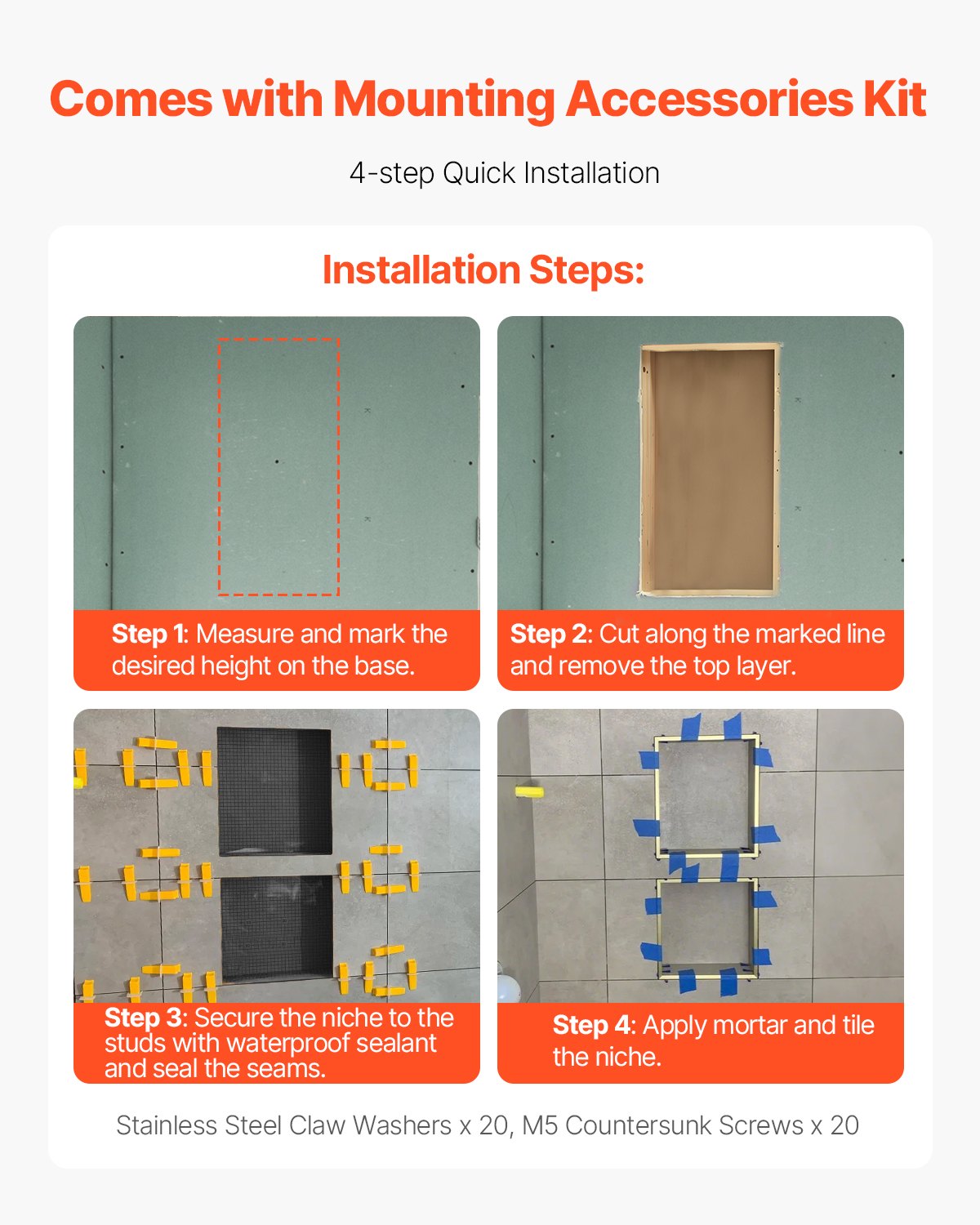 VEVOR Nicho de Ducha Empotrado 40,6 x 81,3 cm y 40,6 x 81,3 cm con Estante de Pared Grosor de 10,2 cm Organizador para Jabón y Champú, Esquinas Cuadradas, Sellado e Impermeable para Baño, Negro