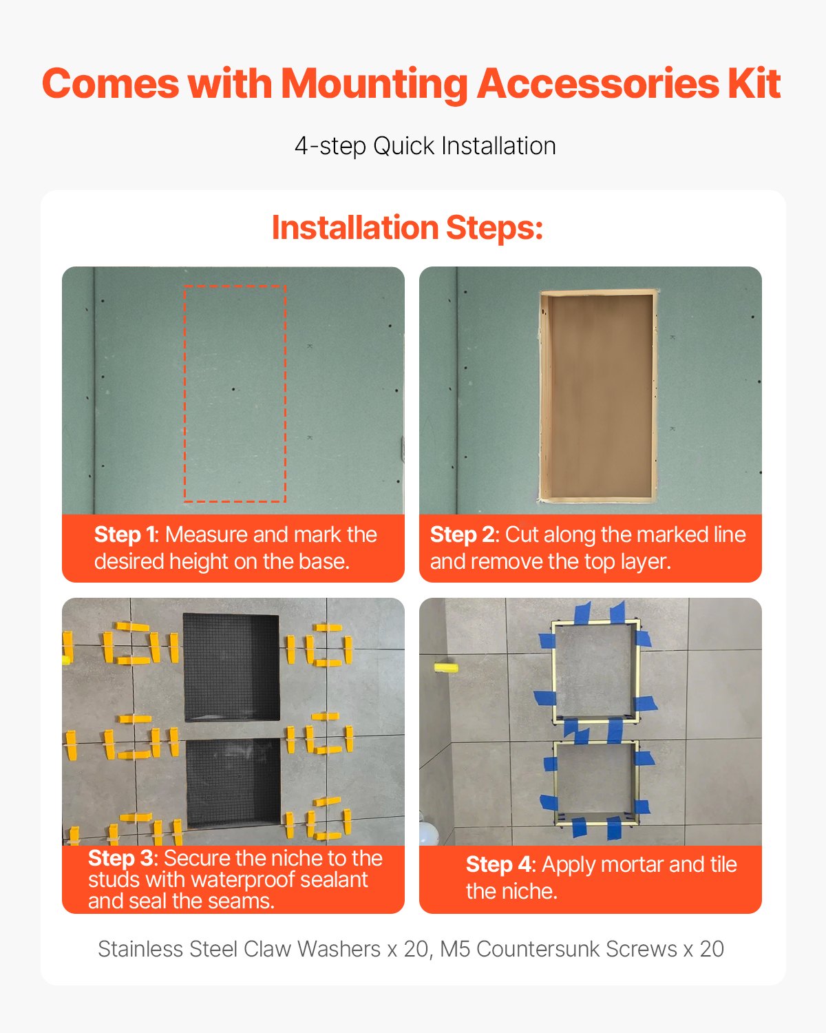 VEVOR Nicho de Ducha Empotrado 40,6 x 61 cm y 40,6 x 61 cm con Estante de Pared Grosor de 10,2 cm Organizador para Jabón y Champú, Esquinas Cuadradas, Sellado e Impermeable para Baño, Negro