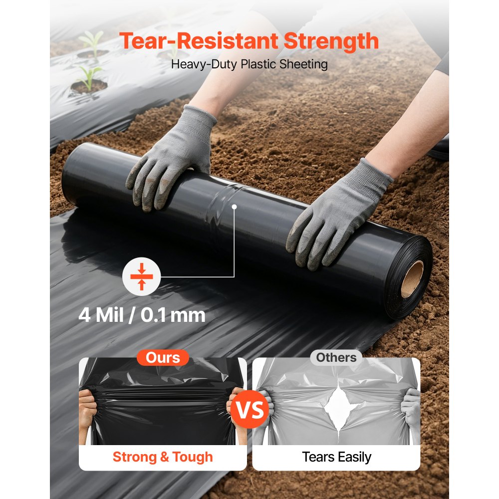 VEVOR Láminas de Plástico de Polietileno 3,05 x 30,48 m Espesor de 0,1 mm, Membrana Hortícola para Invernadero, Malla Antihierbas, Control de Malas Hierbas, Cubierta para Jardín, Barrera de Vapor