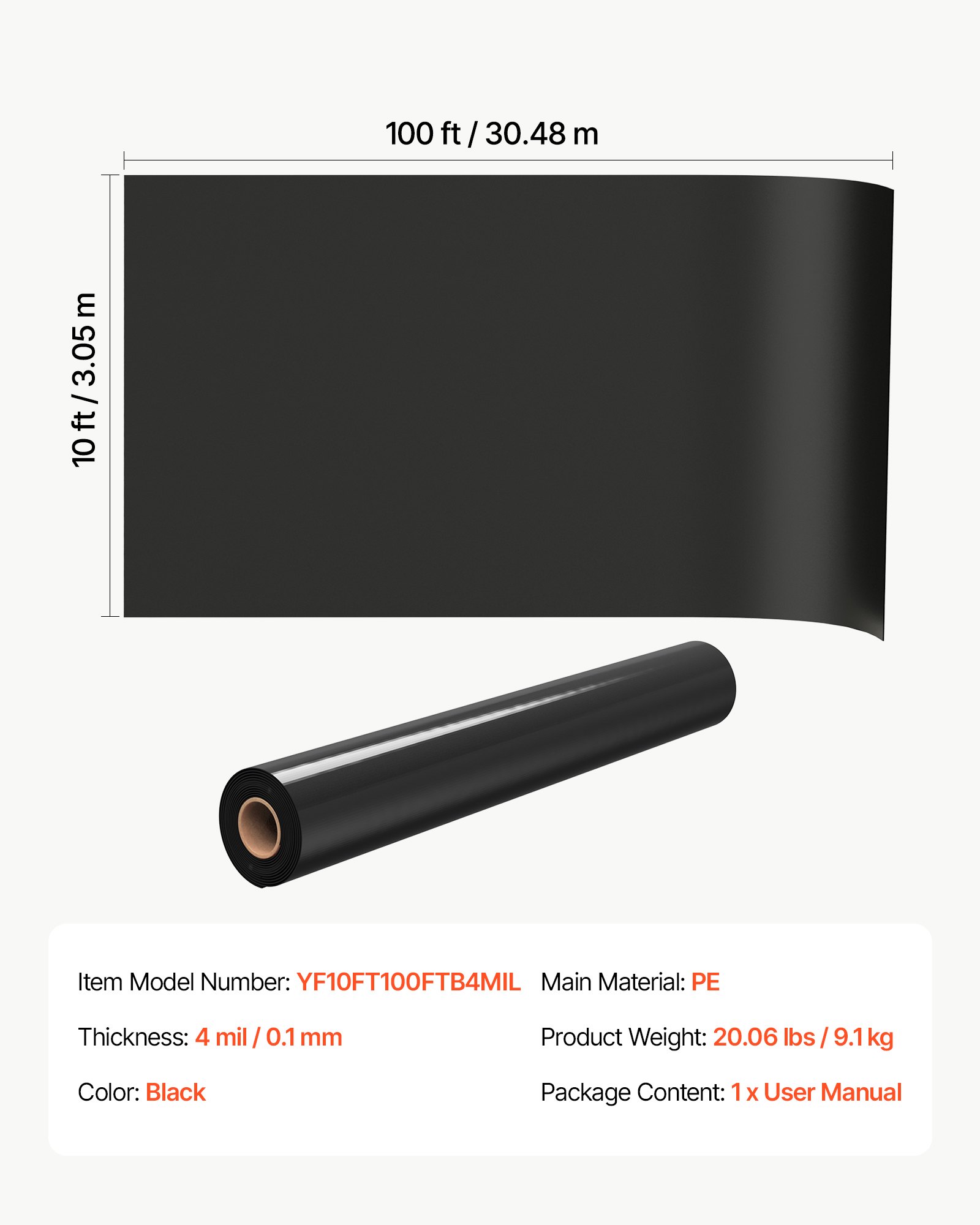 VEVOR Láminas de Plástico de Polietileno 3,05 x 30,48 m Espesor de 0,1 mm, Membrana Hortícola para Invernadero, Malla Antihierbas, Control de Malas Hierbas, Cubierta para Jardín, Barrera de Vapor