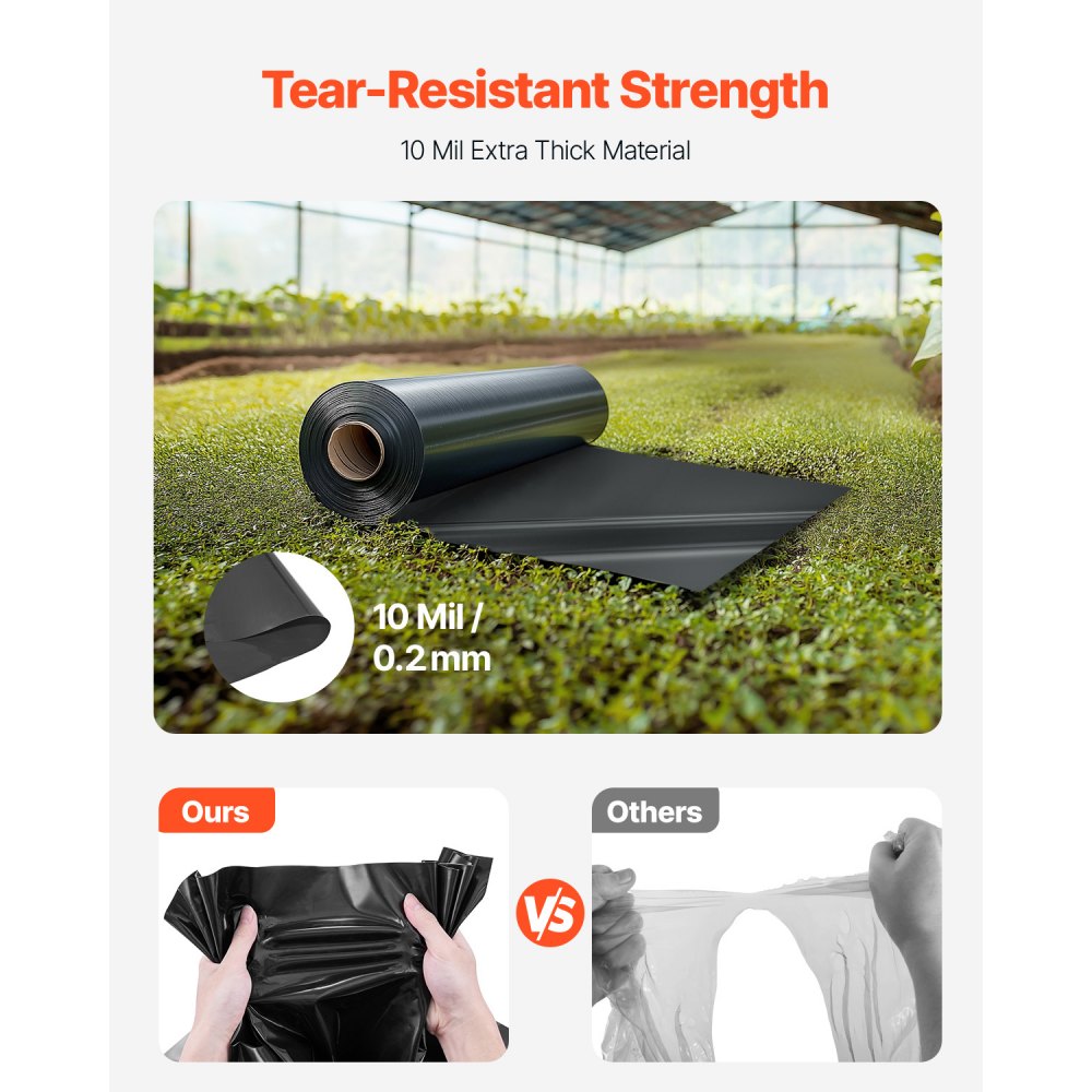 VEVOR Rollo de Láminas de Plástico Espesor de 10 mil 6,96 x 30,48 m Barrera de Vapor para Espacios de Acceso Lámina de Polietileno Resistente para Jardín Suministros de Plástico Agrícola, Negro