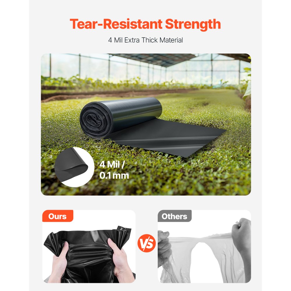VEVOR Rollo de Láminas de Plástico Espesor de 4 mil 0,91 x 15,24 m Barrera de Vapor para Espacios de Acceso Lámina de Polietileno Resistente para Jardín Suministros de Plástico Agrícola, Negro
