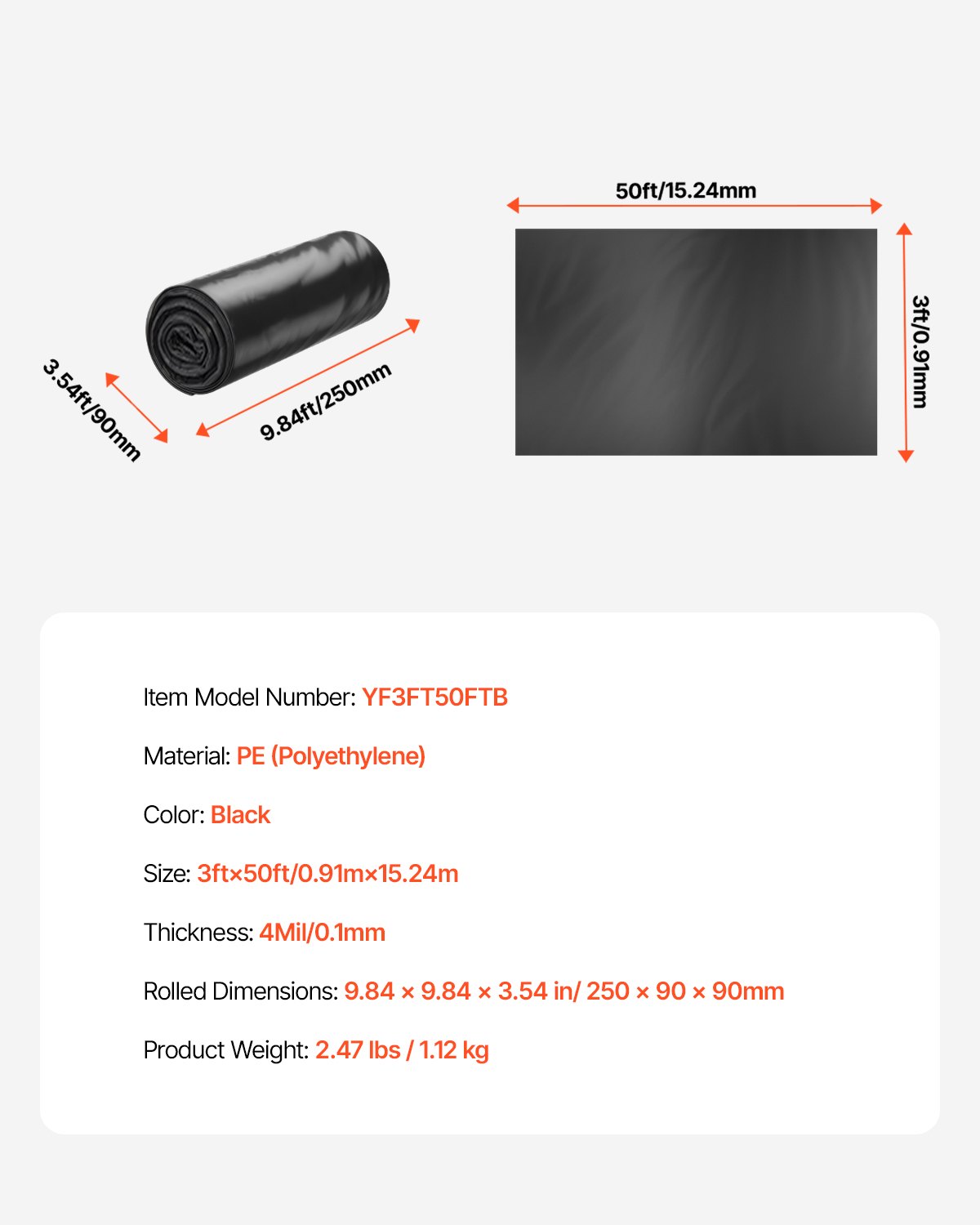 VEVOR Rollo de Láminas de Plástico Espesor de 4 mil 0,91 x 15,24 m Barrera de Vapor para Espacios de Acceso Lámina de Polietileno Resistente para Jardín Suministros de Plástico Agrícola, Negro