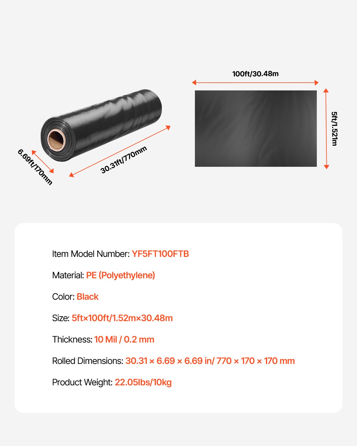 VEVOR Rollo de Láminas de Plástico Espesor de 10 mil 1,52 x 30,48 m Barrera de Vapor para Espacios de Acceso Lámina de Polietileno Resistente para Jardín Suministros de Plástico Agrícola, Negro