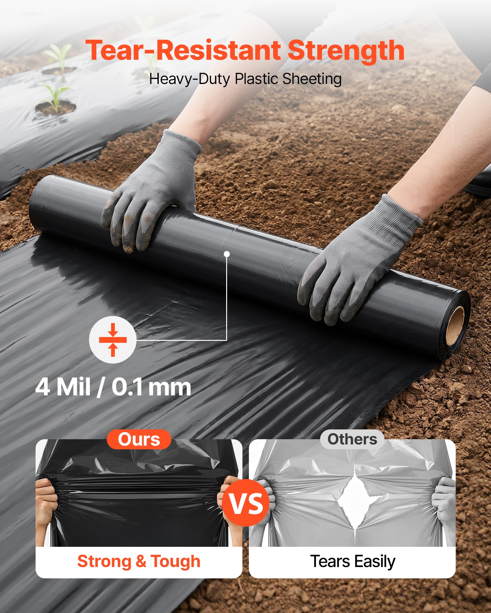 VEVOR Rollo de Láminas de Plástico de Polietileno 1,83 x 30,48 m Negro, Membrana Hortícola para Invernadero, Espesor de 0,1 mm, Barrera de Vapor, Malla Antihierbas Huerto, Aislamiento de Jardinería