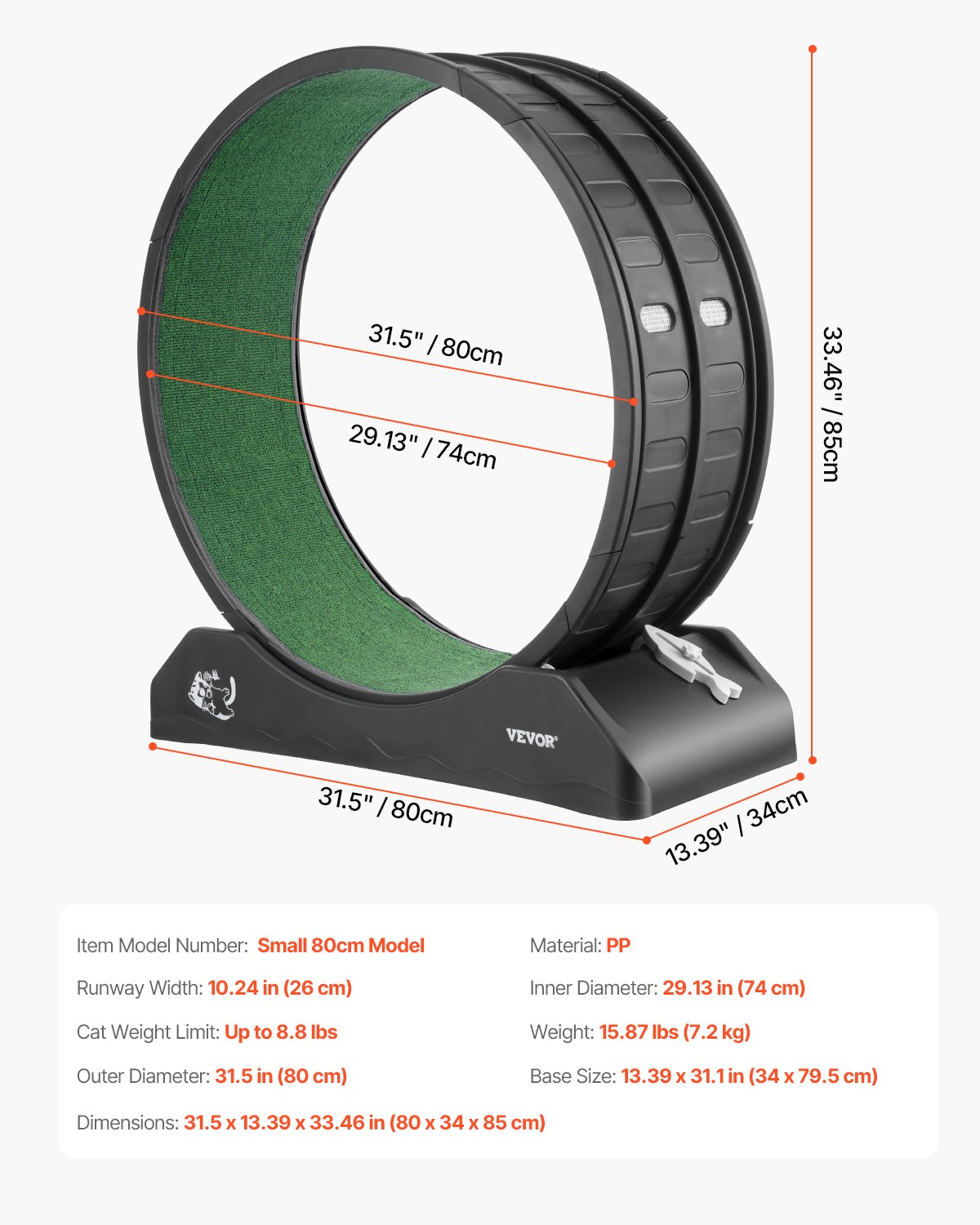 VEVOR Rueda de Ejercicio para Gatos de 800 x 340 x 850 mm, Rueda Grande para Correr con Freno Seguro y Pista Alfombrada, Cinta de Correr Silenciosa para Mascotas para Pérdida de Peso y Salud, Negro
