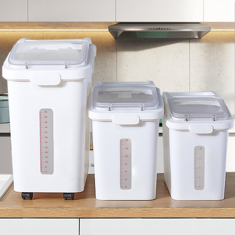 VEVOR Contenedor de Cereales 50+25+15 L Caja de Almacenamiento de Arroz, Material de PP+PET Dispensador de Arroz, Espesor de 3 mm con Panel de Escala Precisa y Ruedas Incluidas para Cocina, Blanco