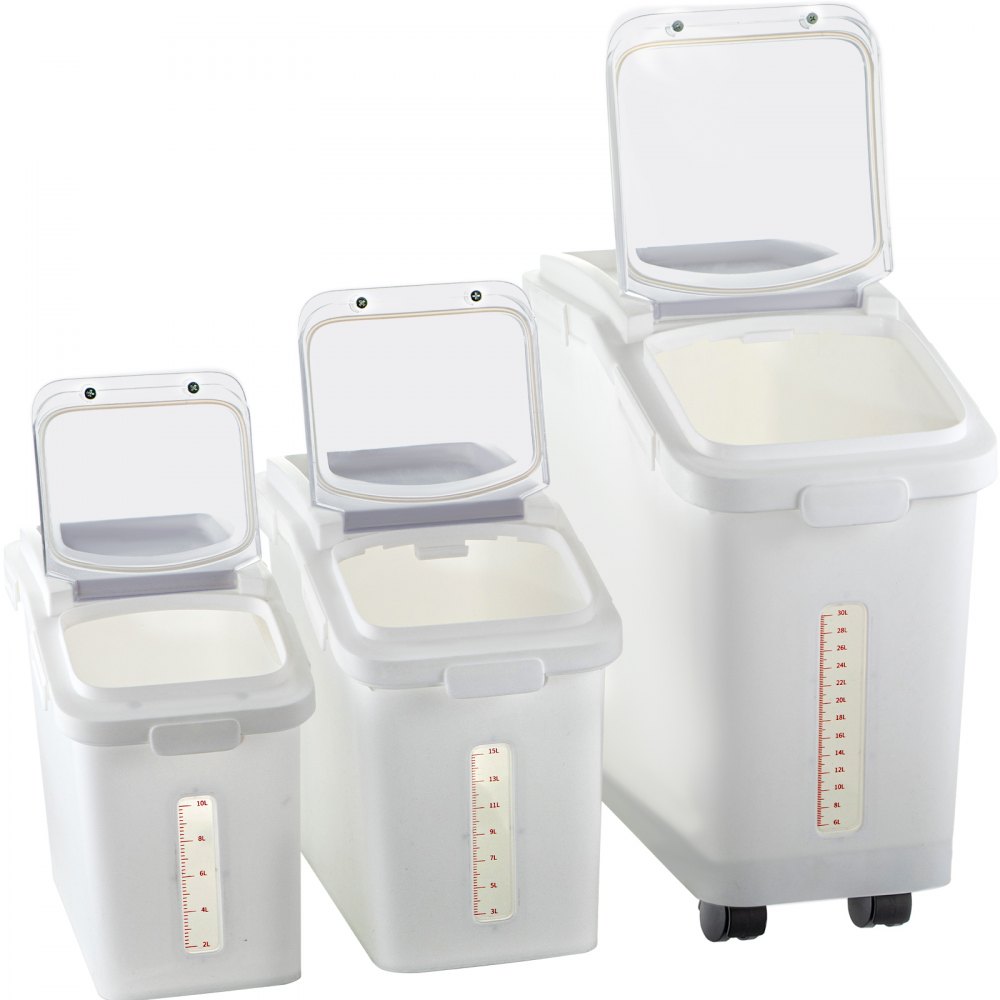 VEVOR Contenedor de Cereales 50+25+15 L Caja de Almacenamiento de Arroz, Material de PP+PET Dispensador de Arroz, Espesor de 3 mm con Panel de Escala Precisa y Ruedas Incluidas para Cocina, Blanco