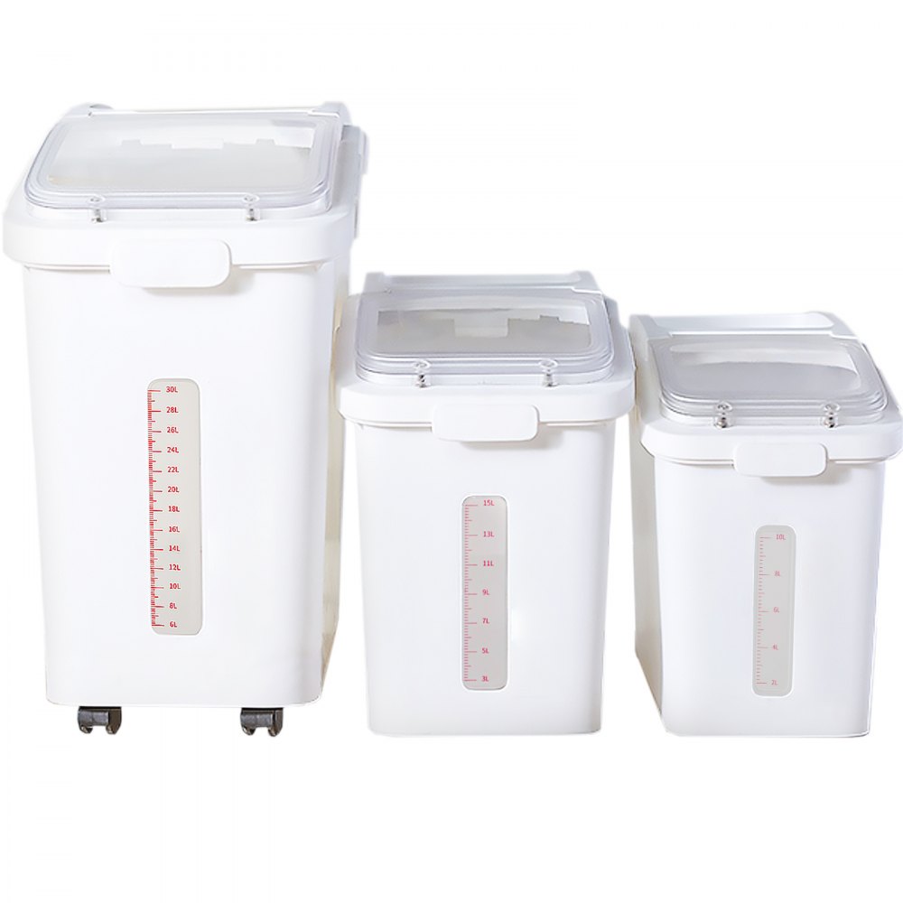 VEVOR Contenedor de Cereales 50+25+15 L Caja de Almacenamiento de Arroz, Material de PP+PET Dispensador de Arroz, Espesor de 3 mm con Panel de Escala Precisa y Ruedas Incluidas para Cocina, Blanco