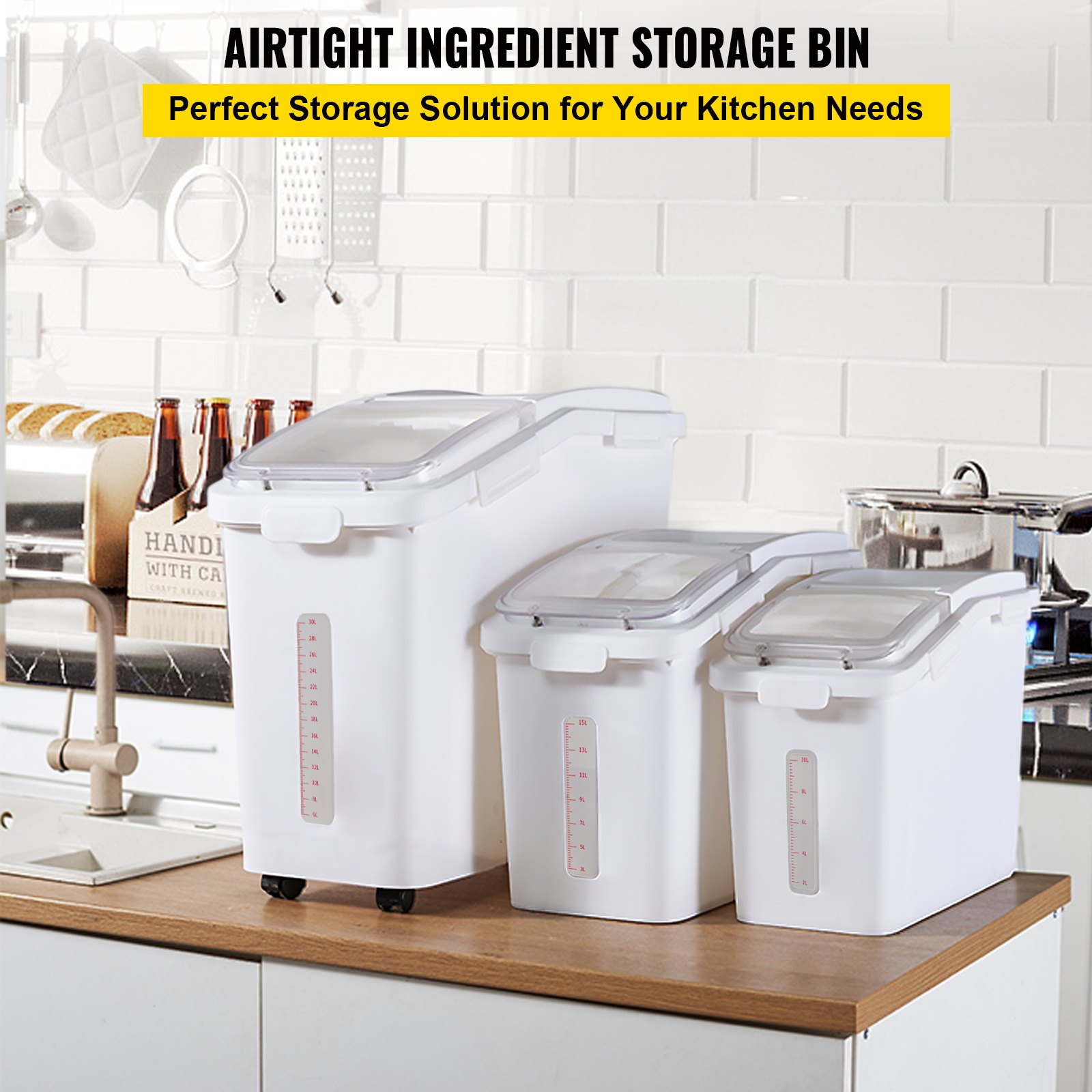 VEVOR Contenedor de Cereales 50+25+15 L Caja de Almacenamiento de Arroz, Material de PP+PET Dispensador de Arroz, Espesor de 3 mm con Panel de Escala Precisa y Ruedas Incluidas para Cocina, Blanco