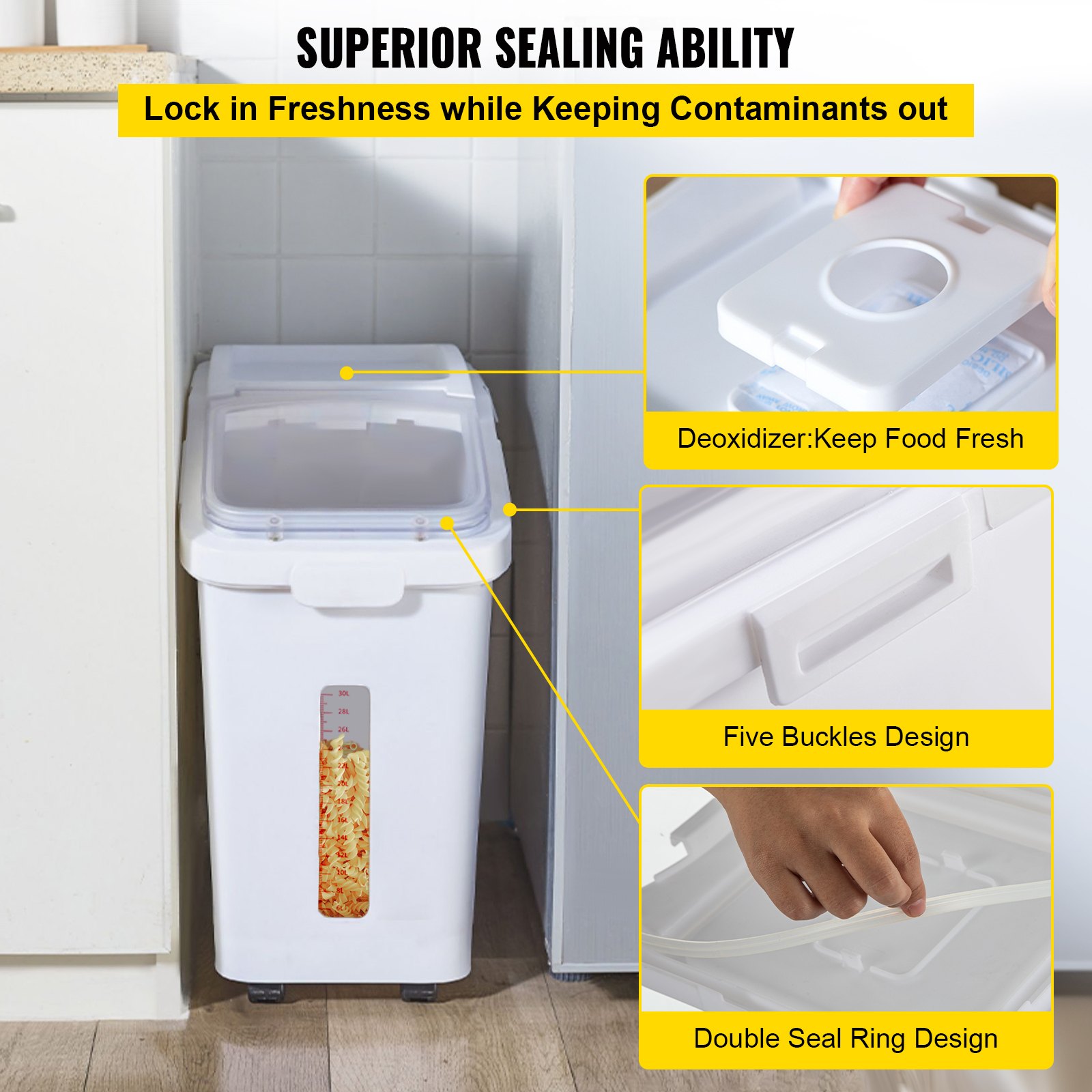 VEVOR Contenedor de Cereales 50+25+15 L Caja de Almacenamiento de Arroz, Material de PP+PET Dispensador de Arroz, Espesor de 3 mm con Panel de Escala Precisa y Ruedas Incluidas para Cocina, Blanco