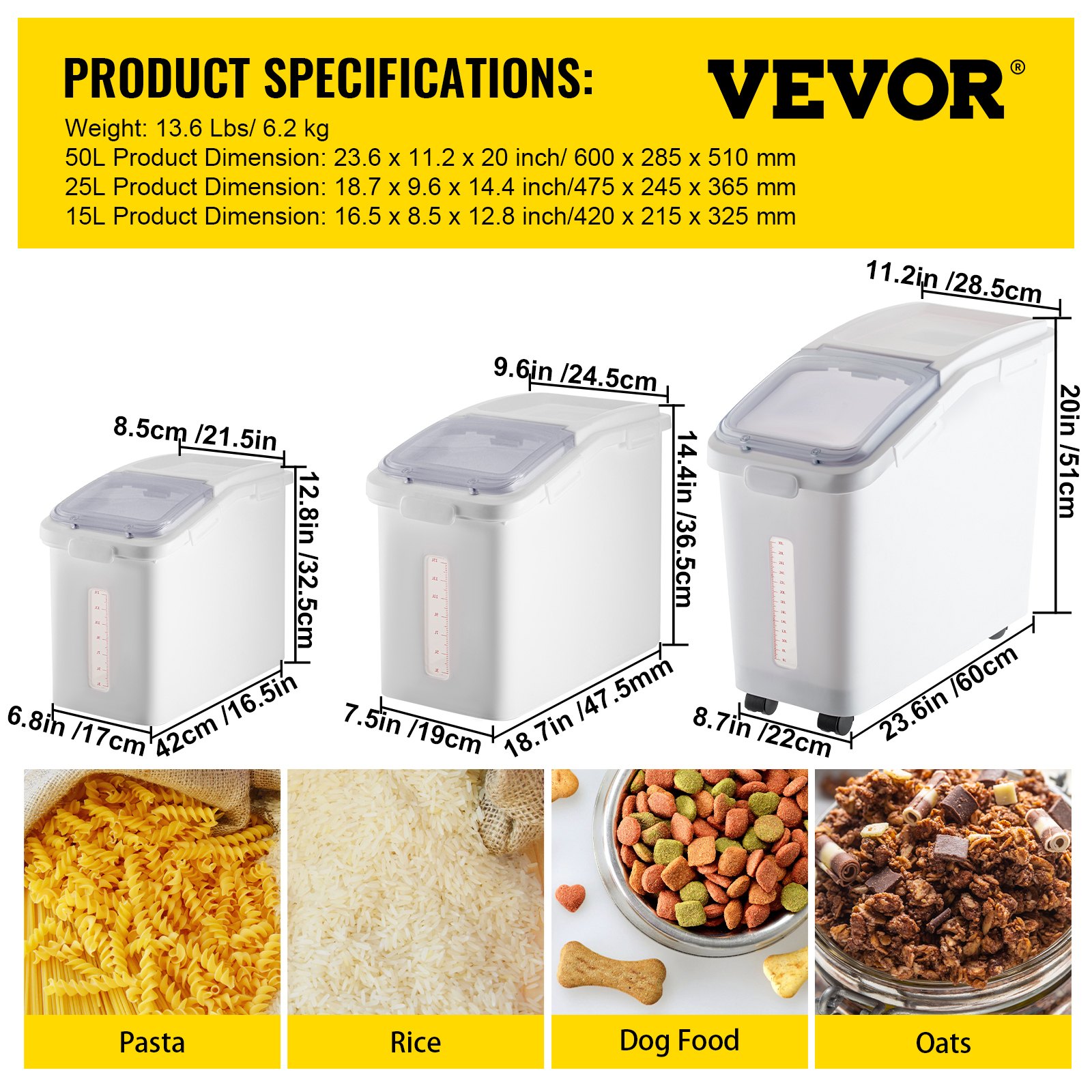 VEVOR Contenedor de Cereales 50+25+15 L Caja de Almacenamiento de Arroz, Material de PP+PET Dispensador de Arroz, Espesor de 3 mm con Panel de Escala Precisa y Ruedas Incluidas para Cocina, Blanco