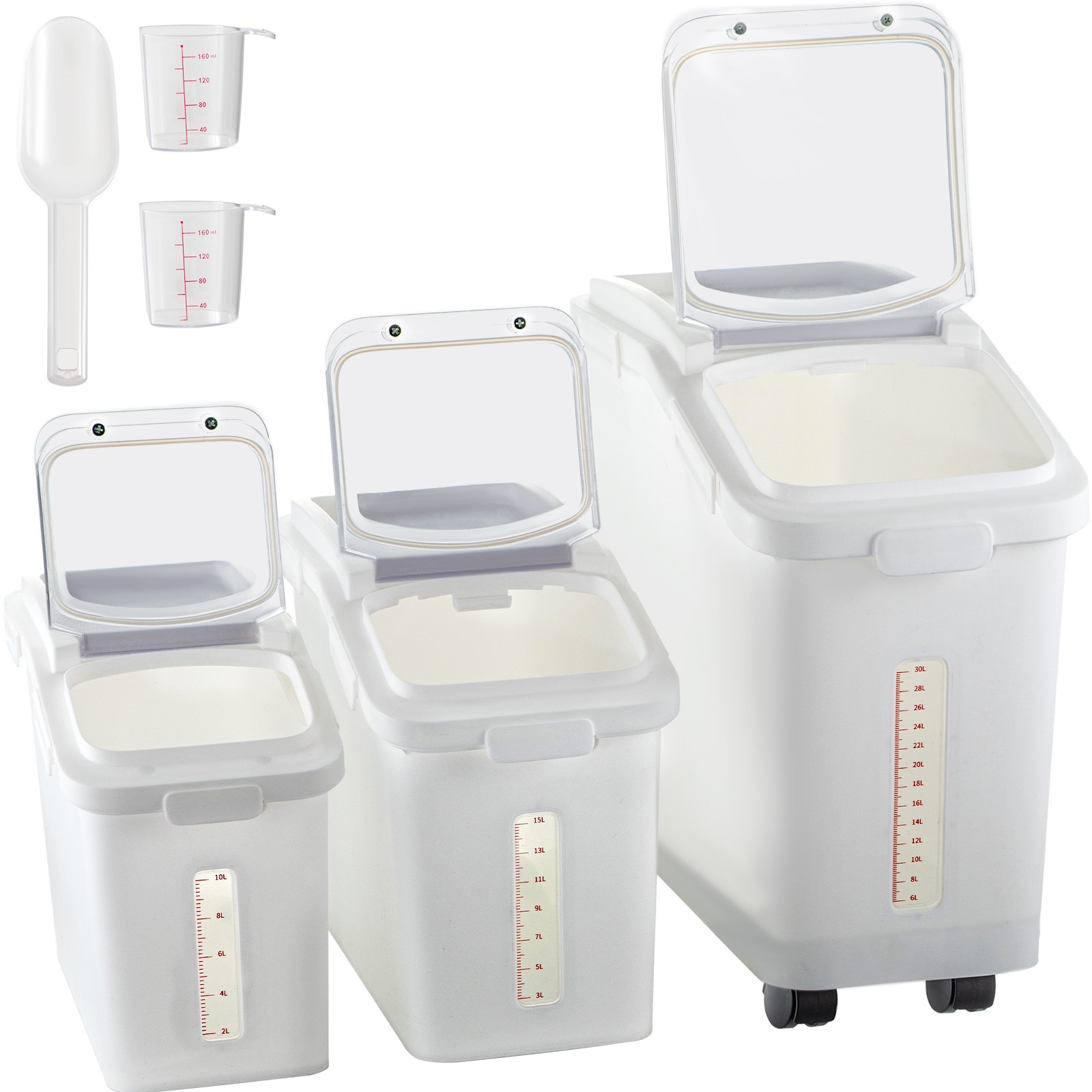 VEVOR Contenedor de Cereales 50+25+15 L Caja de Almacenamiento de Arroz, Material de PP+PET Dispensador de Arroz, Espesor de 3 mm con Panel de Escala Precisa y Ruedas Incluidas para Cocina, Blanco