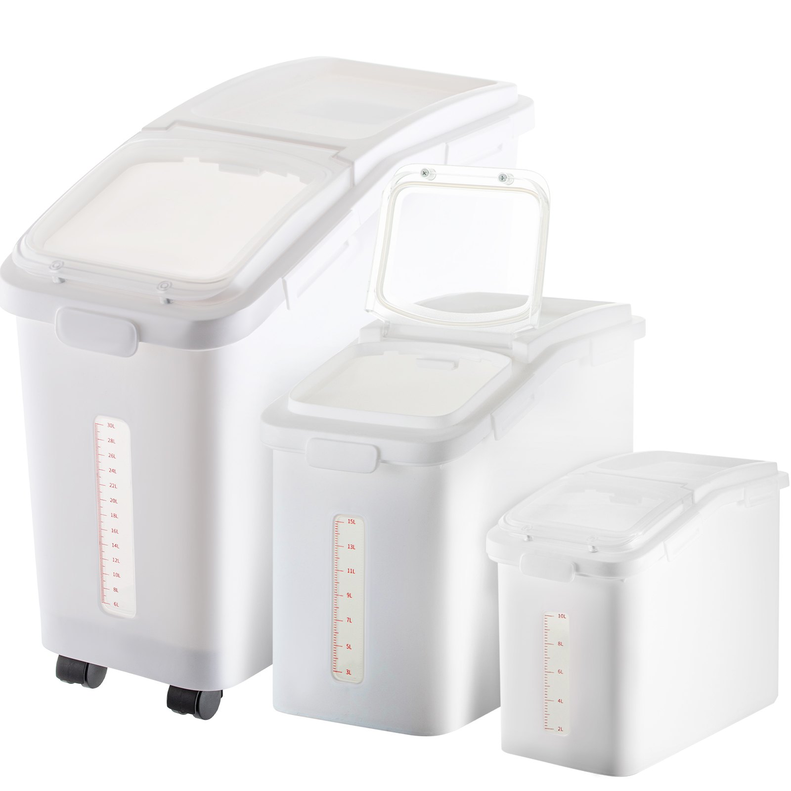 VEVOR Contenedor de Cereales 50+25+15 L Caja de Almacenamiento de Arroz, Material de PP+PET Dispensador de Arroz, Espesor de 3 mm con Panel de Escala Precisa y Ruedas Incluidas para Cocina, Blanco