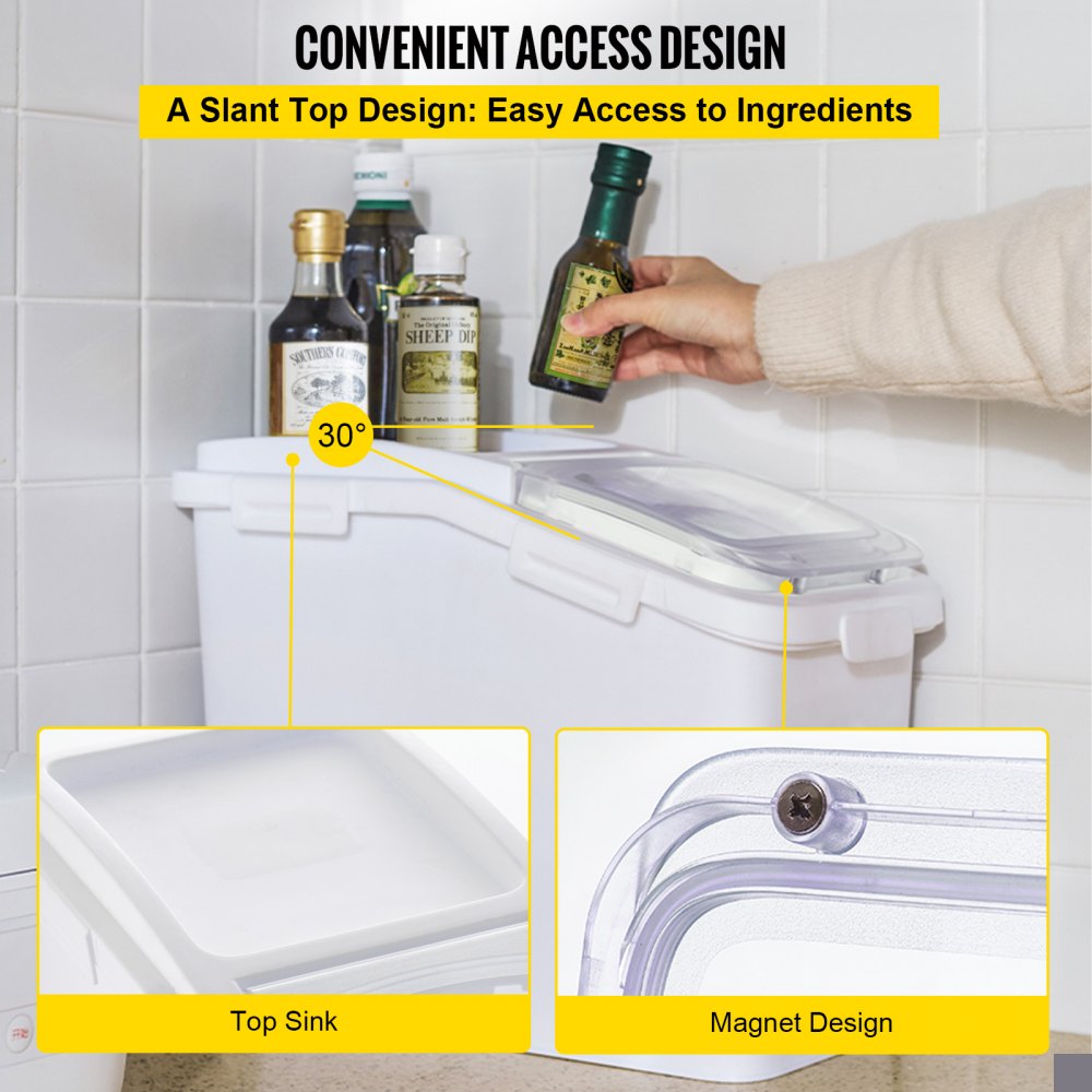 Contenedor de almacenamiento de ingredientes VEVOR con diseño de tapa inclinada de fácil acceso y sello magnético.