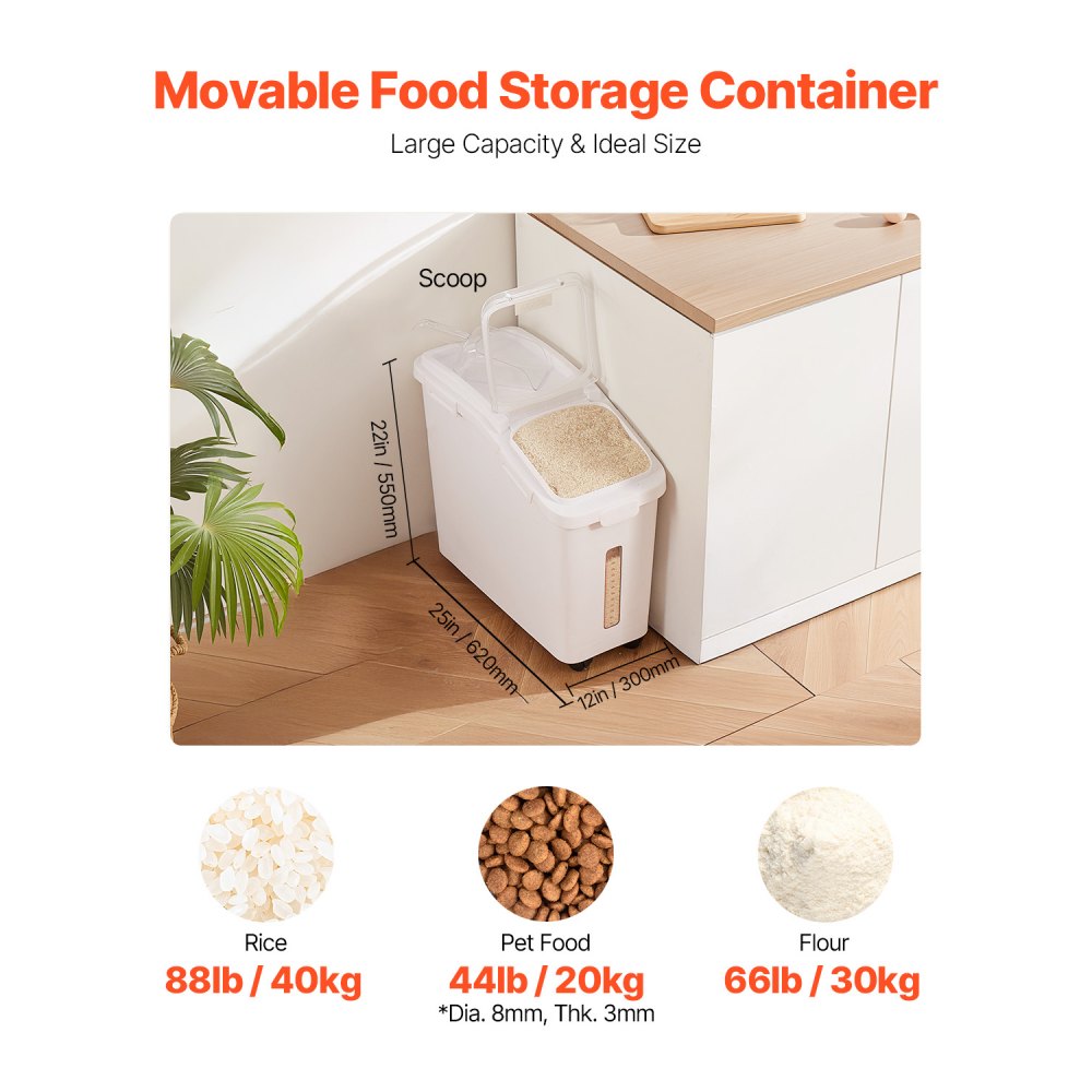 VEVOR Contenedor de Cereales 50 L/11,4 Gal Caja de Almacenamiento de Arroz Material de PP+PET, Dispensador de Arroz Espesor de 3 mm con Panel de Escala Precisa y Gran Capacidad para Cocina, Blanco